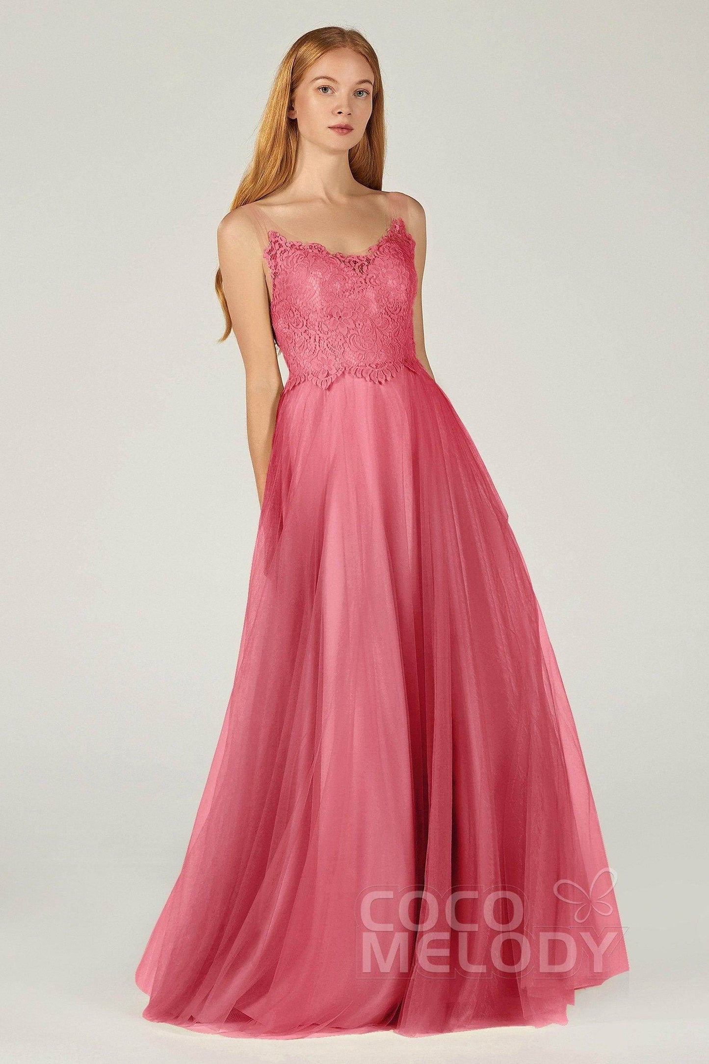 A-Line Floor Length Tulle Lace Bridesmaid Dress CB0378 - COCOMELODY