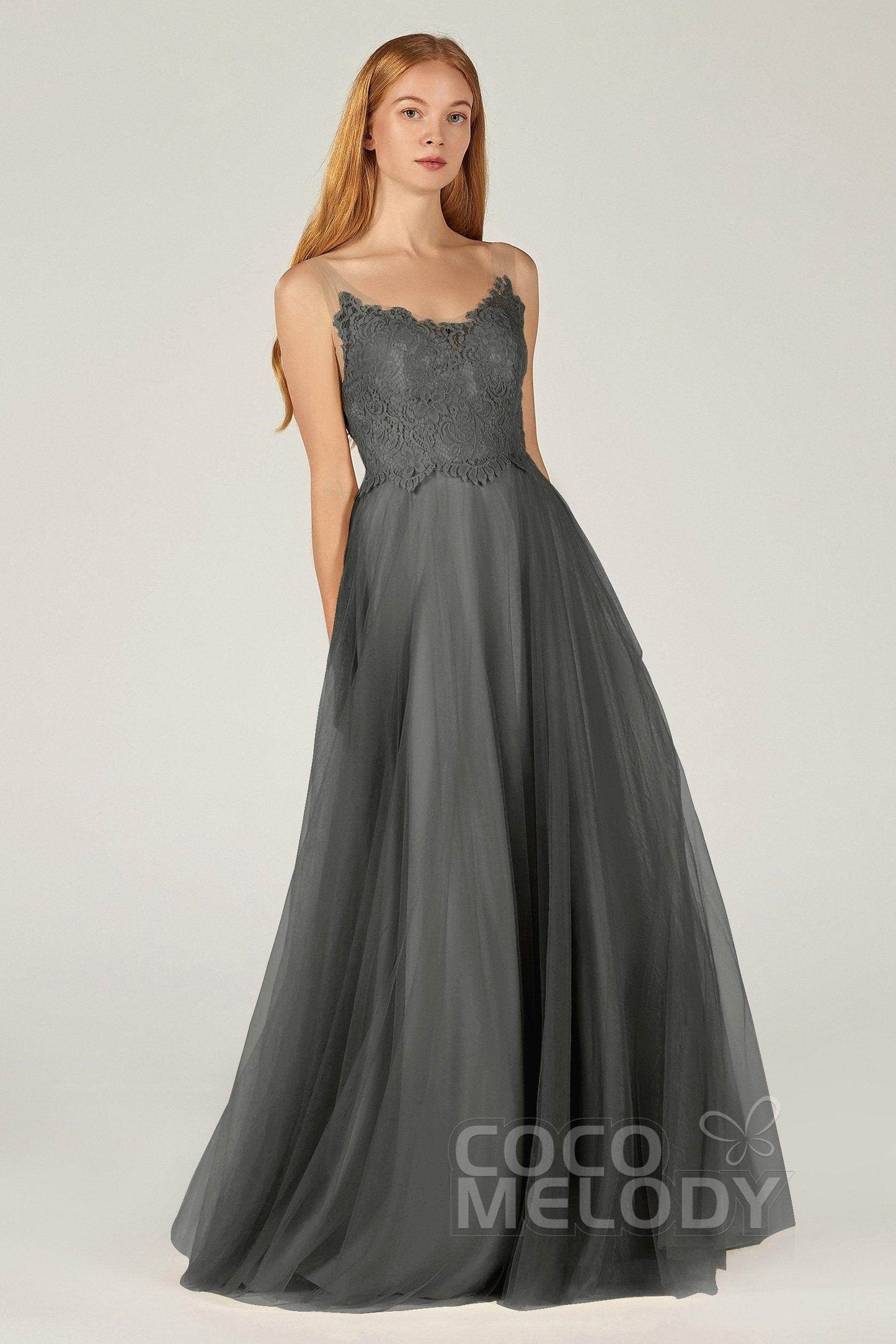 A-Line Floor Length Tulle Lace Bridesmaid Dress CB0378 - COCOMELODY