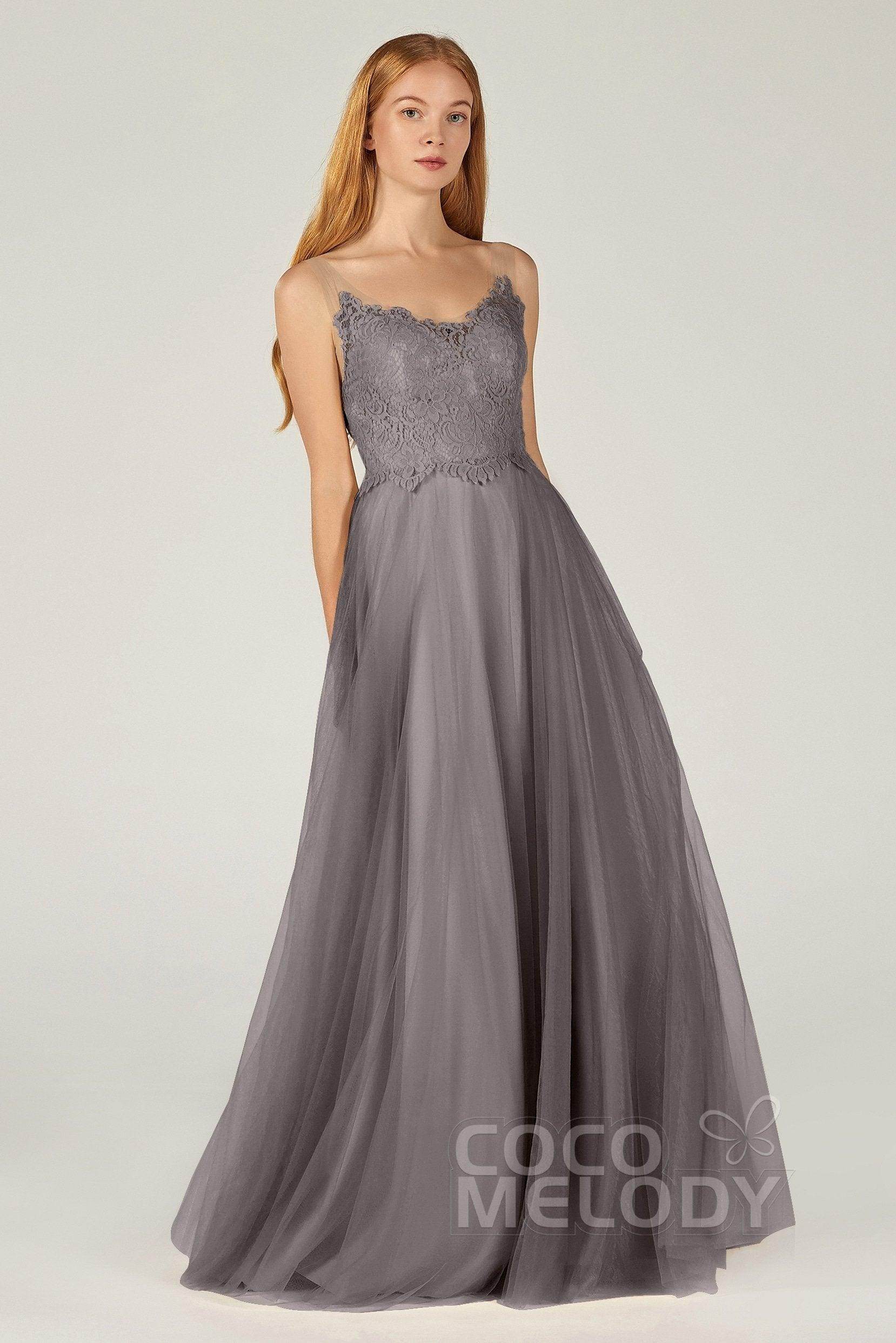 A-Line Floor Length Tulle Lace Bridesmaid Dress CB0378 - COCOMELODY