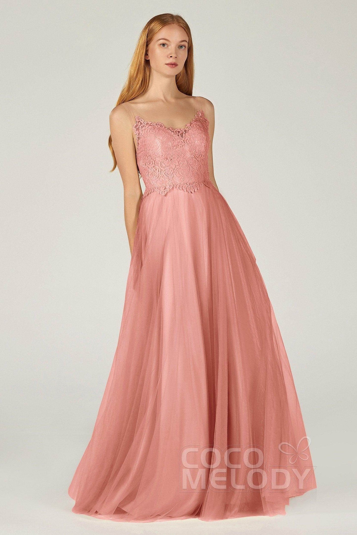 A-Line Floor Length Tulle Lace Bridesmaid Dress CB0378 - COCOMELODY
