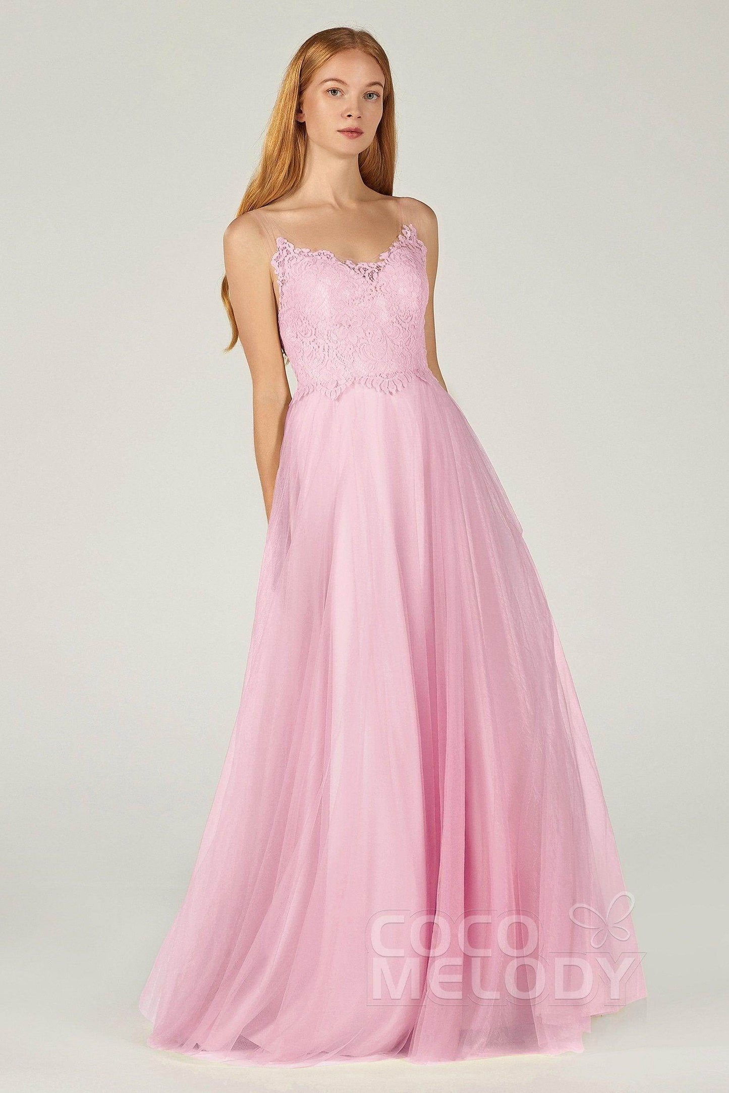 A-Line Floor Length Tulle Lace Bridesmaid Dress CB0378 - COCOMELODY
