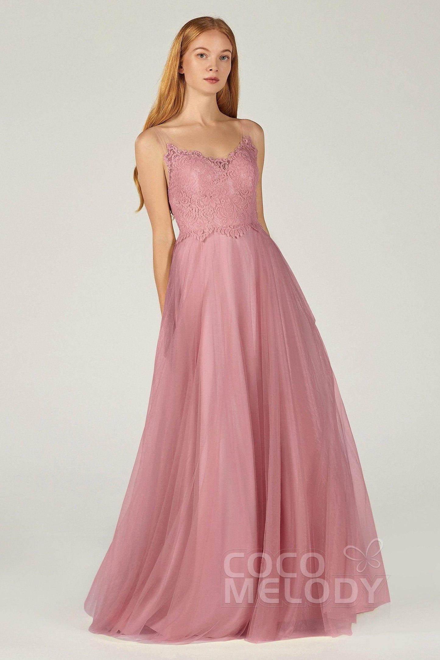 A-Line Floor Length Tulle Lace Bridesmaid Dress CB0378 - COCOMELODY