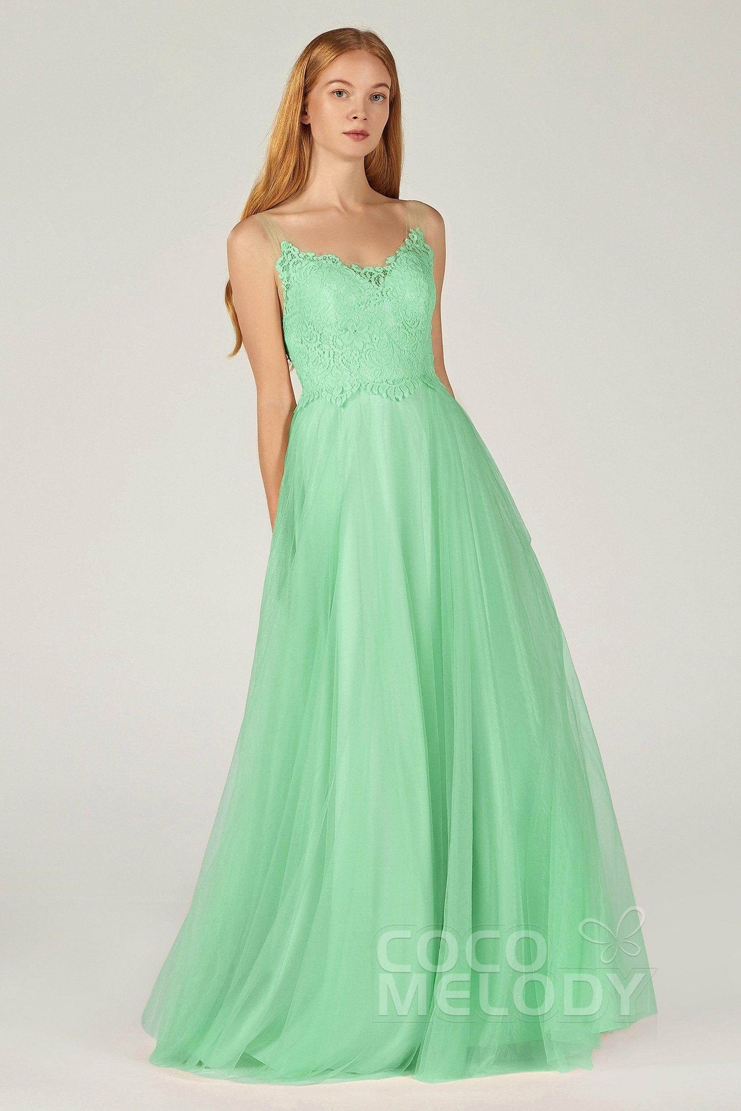 A-Line Floor Length Tulle Lace Bridesmaid Dress CB0378 - COCOMELODY