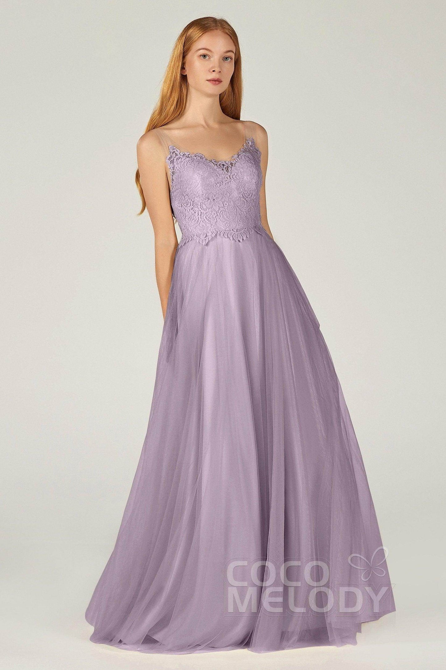 A-Line Floor Length Tulle Lace Bridesmaid Dress CB0378 - COCOMELODY