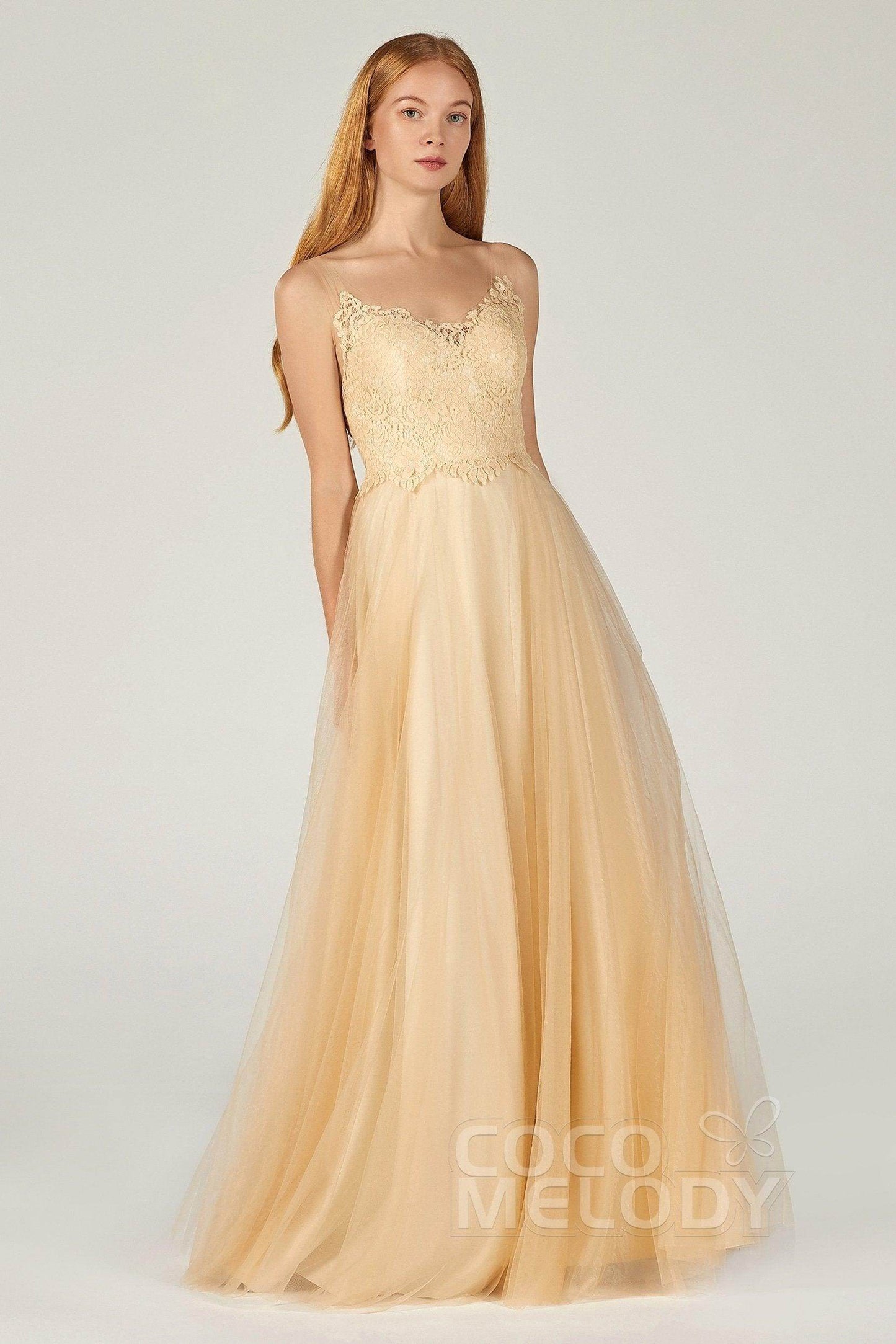A-Line Floor Length Tulle Lace Bridesmaid Dress CB0378 - COCOMELODY