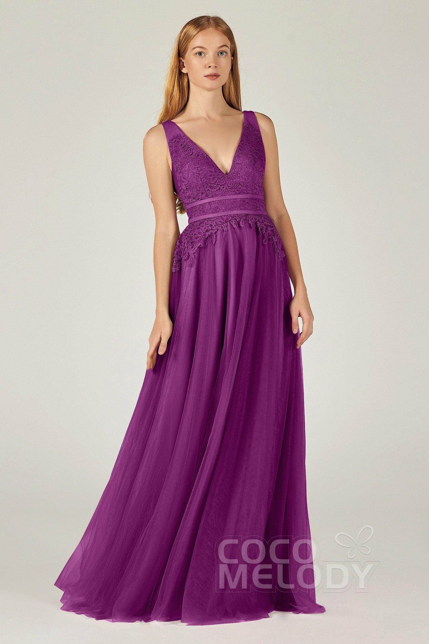 A-Line Floor Length Tulle Lace Bridesmaid Dress CB0379 - COCOMELODY
