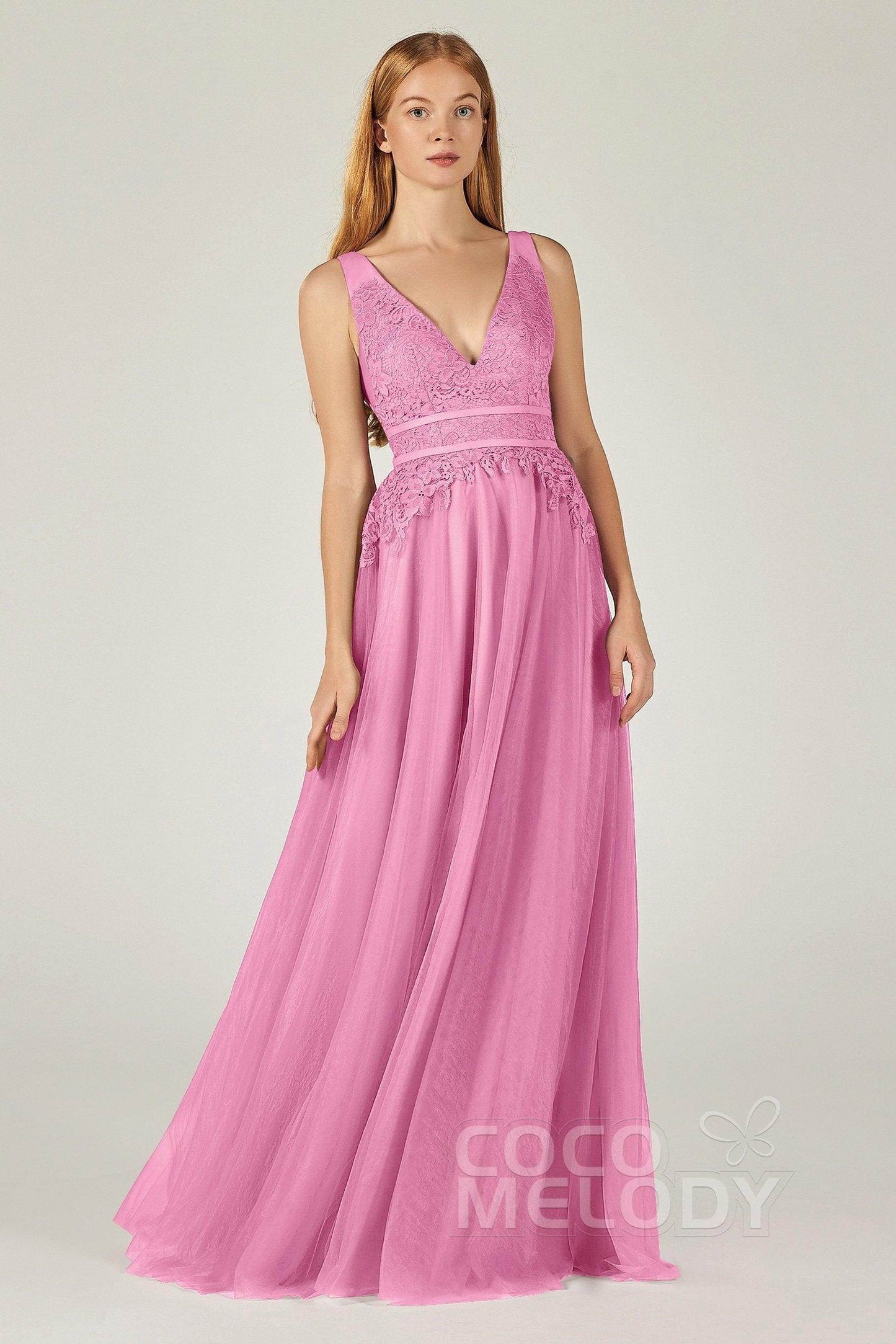 A-Line Floor Length Tulle Lace Bridesmaid Dress CB0379 - COCOMELODY