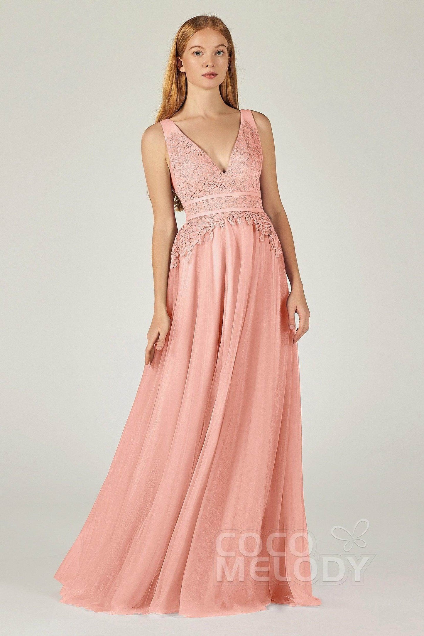A-Line Floor Length Tulle Lace Bridesmaid Dress CB0379 - COCOMELODY