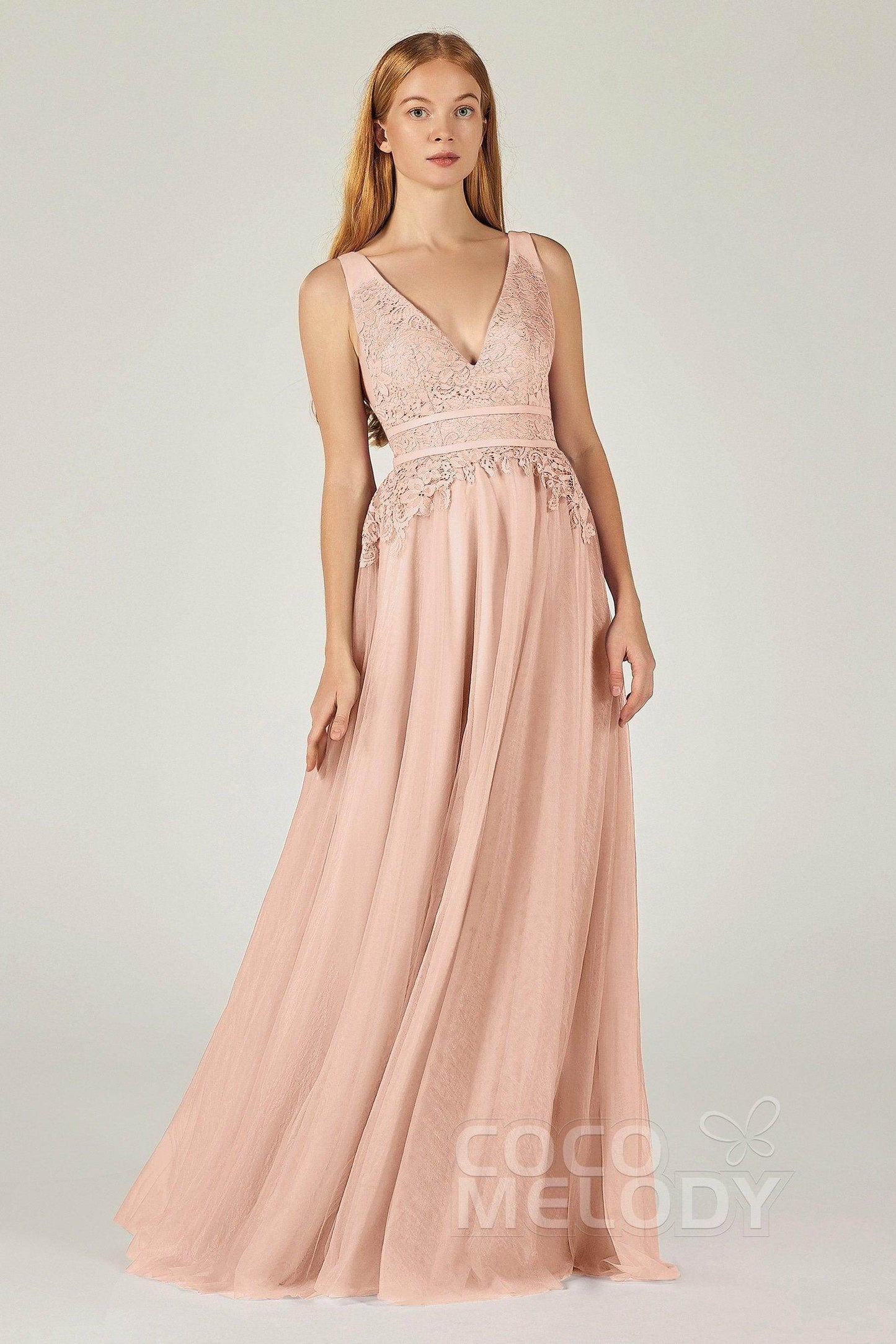 A-Line Floor Length Tulle Lace Bridesmaid Dress CB0379 - COCOMELODY