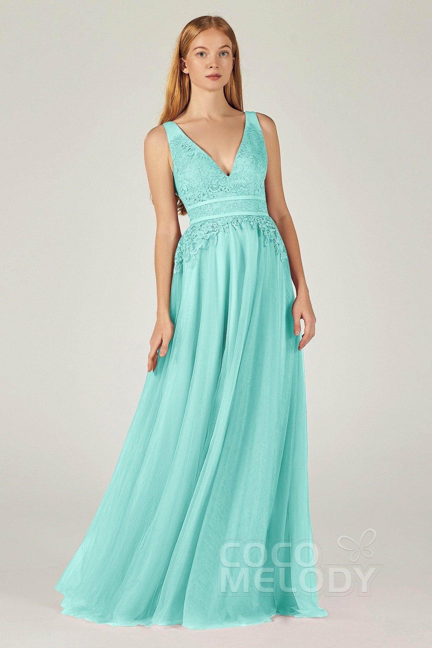 A-Line Floor Length Tulle Lace Bridesmaid Dress CB0379 - COCOMELODY