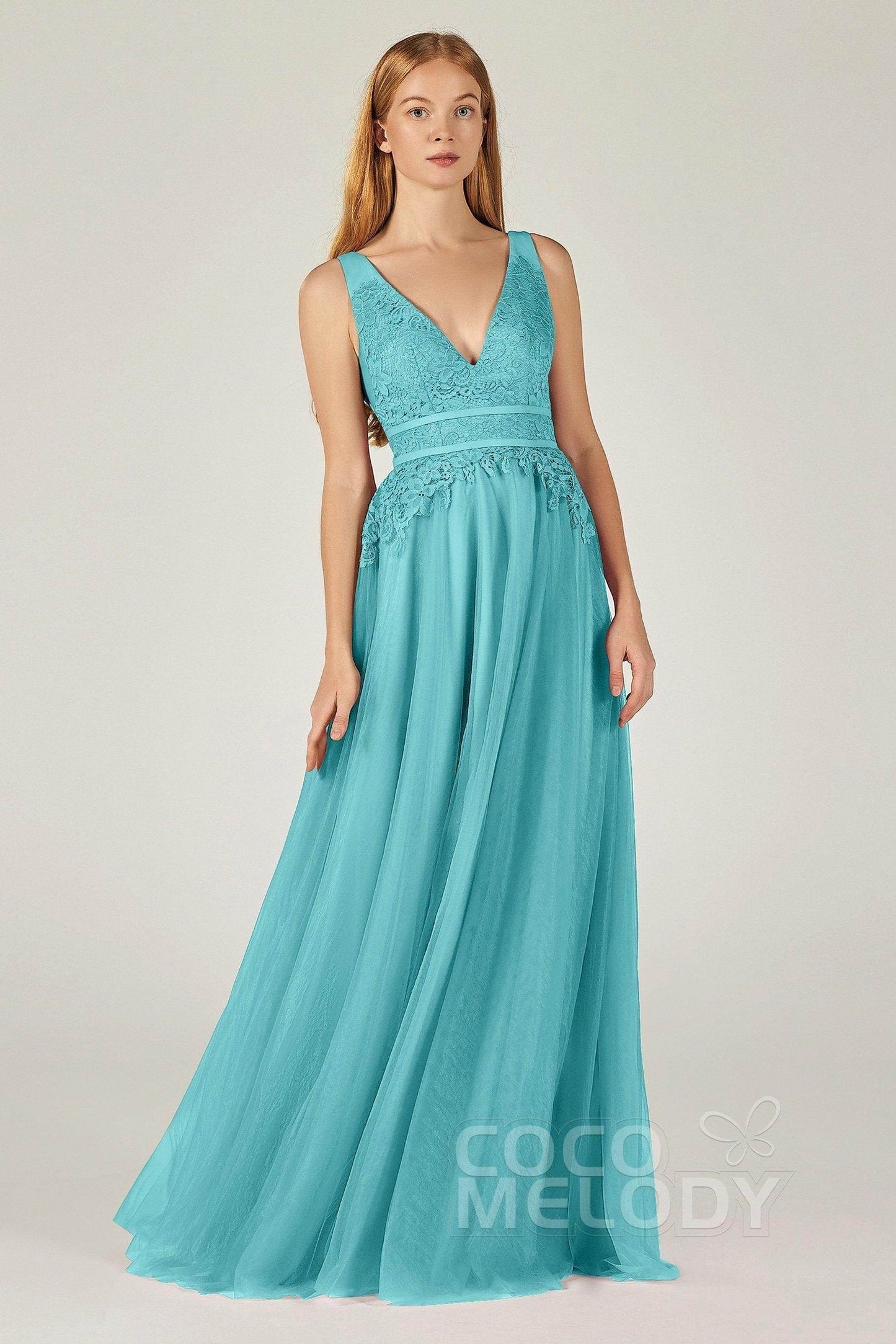 A-Line Floor Length Tulle Lace Bridesmaid Dress CB0379 - COCOMELODY