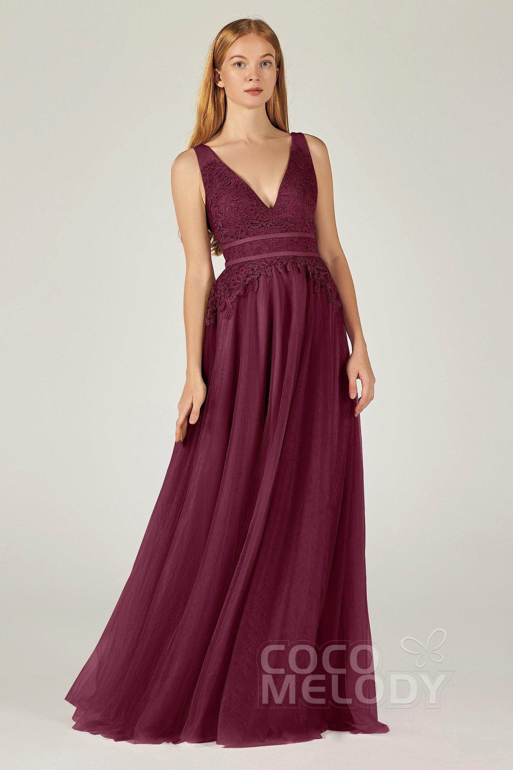 A-Line Floor Length Tulle Lace Bridesmaid Dress CB0379 - COCOMELODY