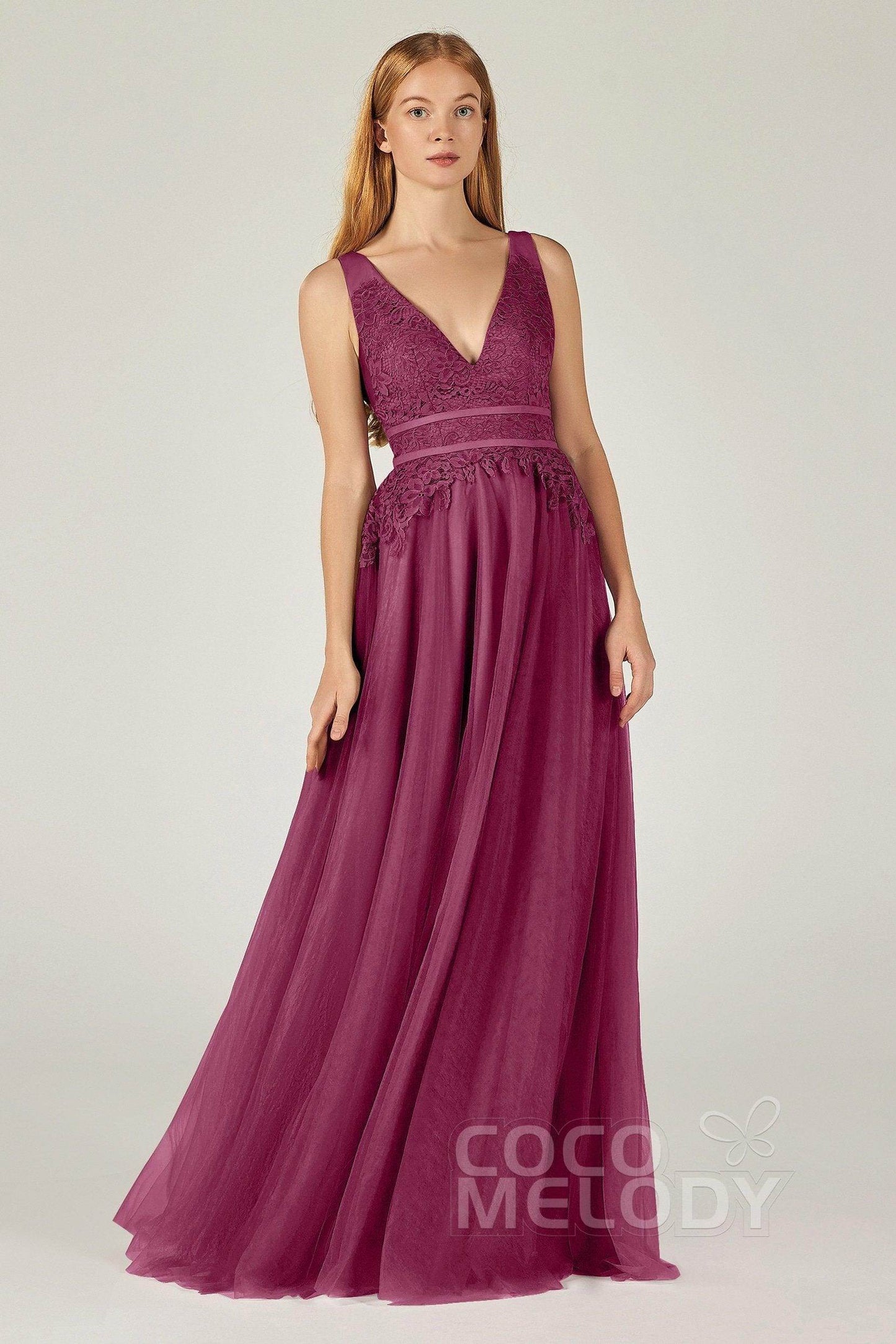 A-Line Floor Length Tulle Lace Bridesmaid Dress CB0379 - COCOMELODY