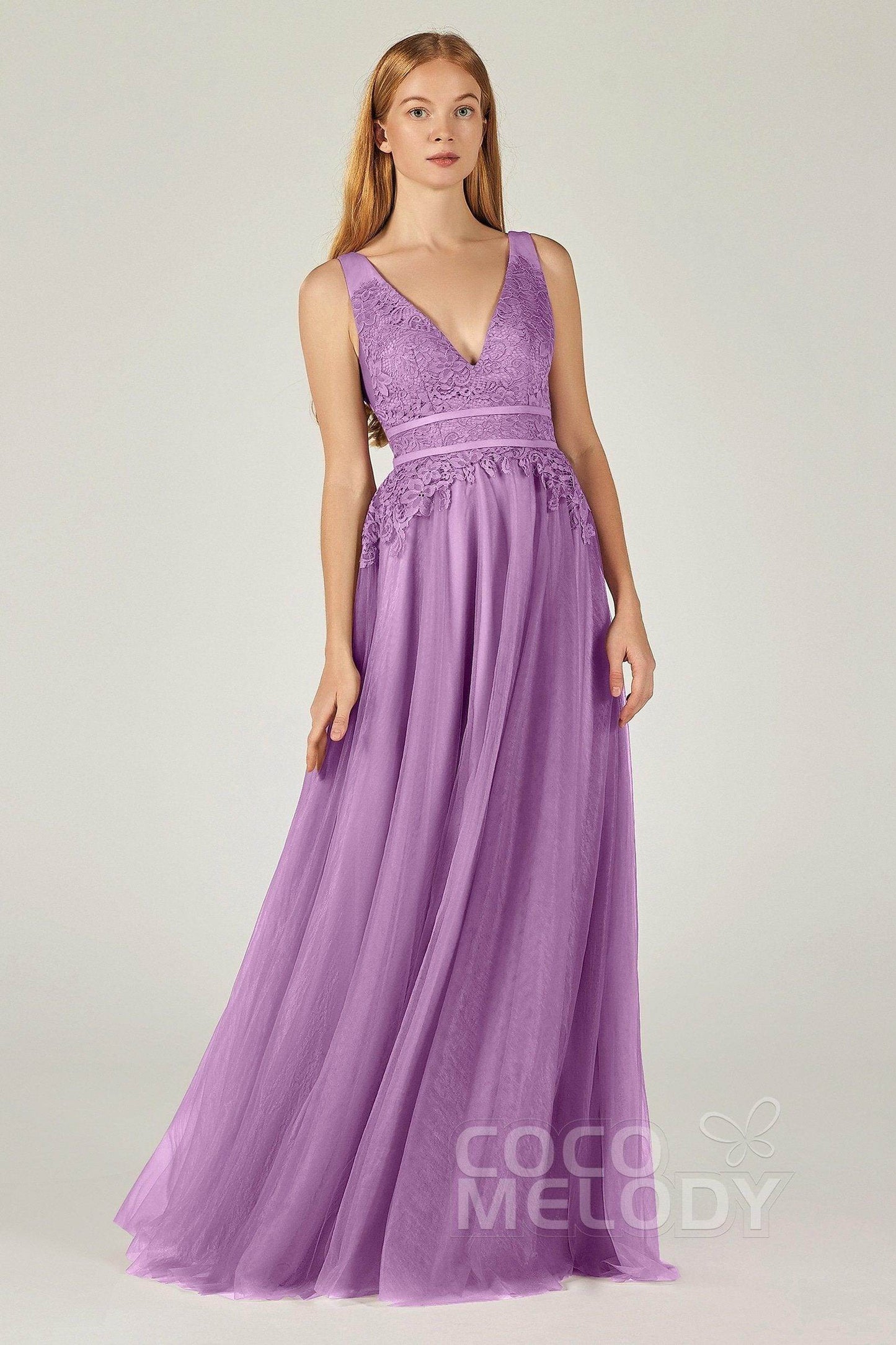 A-Line Floor Length Tulle Lace Bridesmaid Dress CB0379 - COCOMELODY