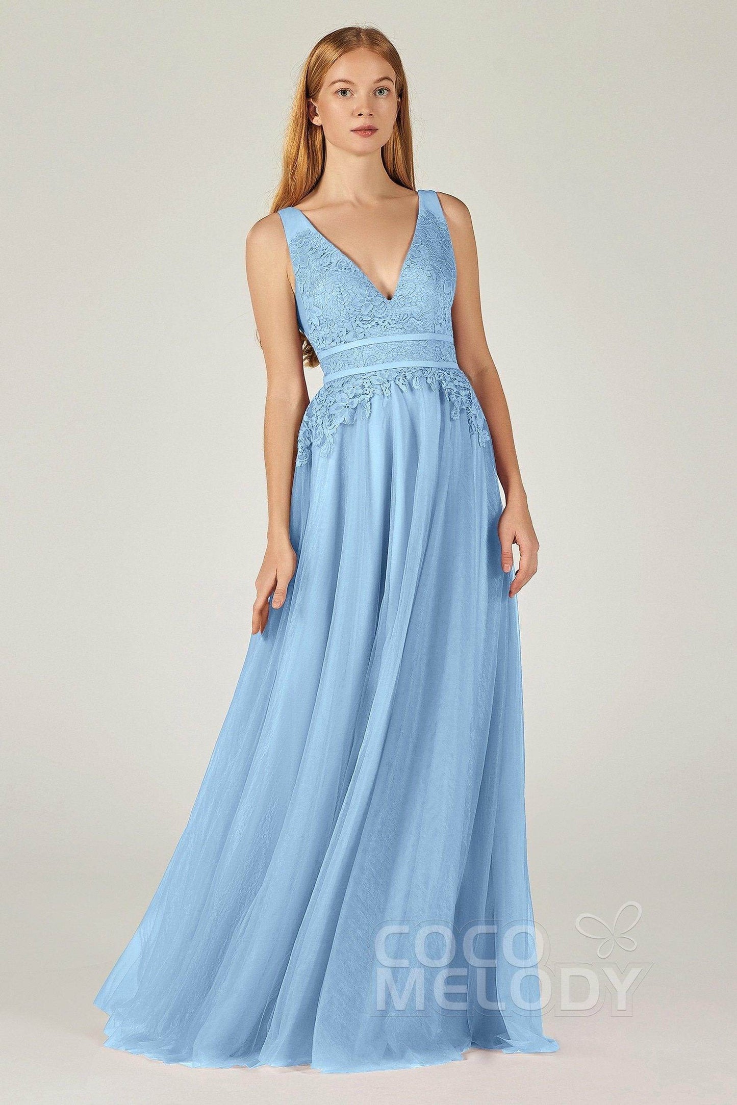 A-Line Floor Length Tulle Lace Bridesmaid Dress CB0379 - COCOMELODY