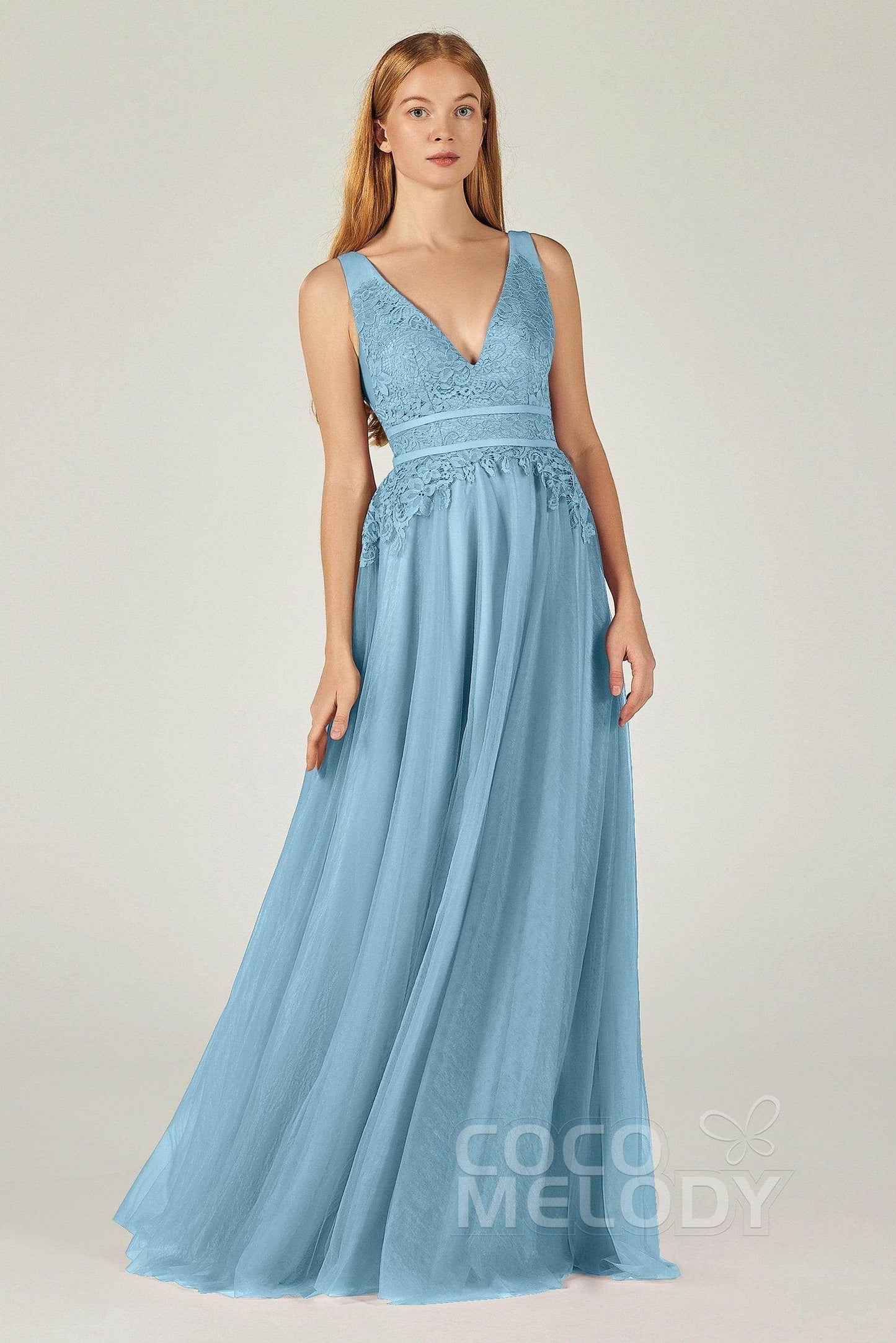 A-Line Floor Length Tulle Lace Bridesmaid Dress CB0379 - COCOMELODY