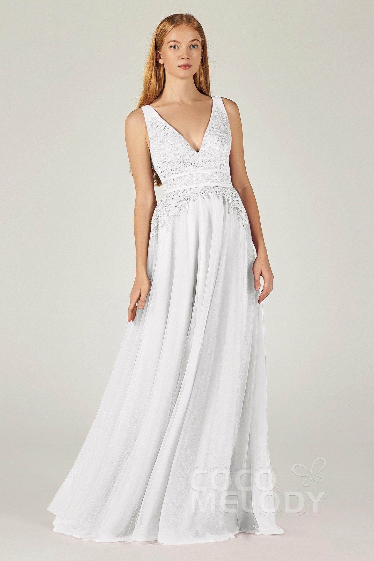 A-Line Floor Length Tulle Lace Bridesmaid Dress CB0379 - COCOMELODY