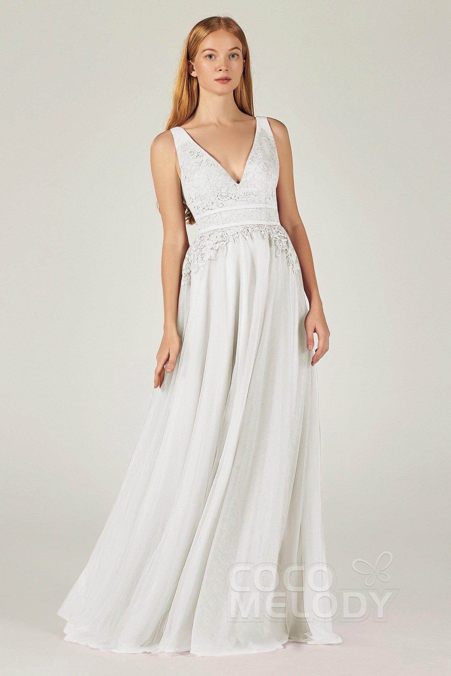 A-Line Floor Length Tulle Lace Bridesmaid Dress CB0379 - COCOMELODY