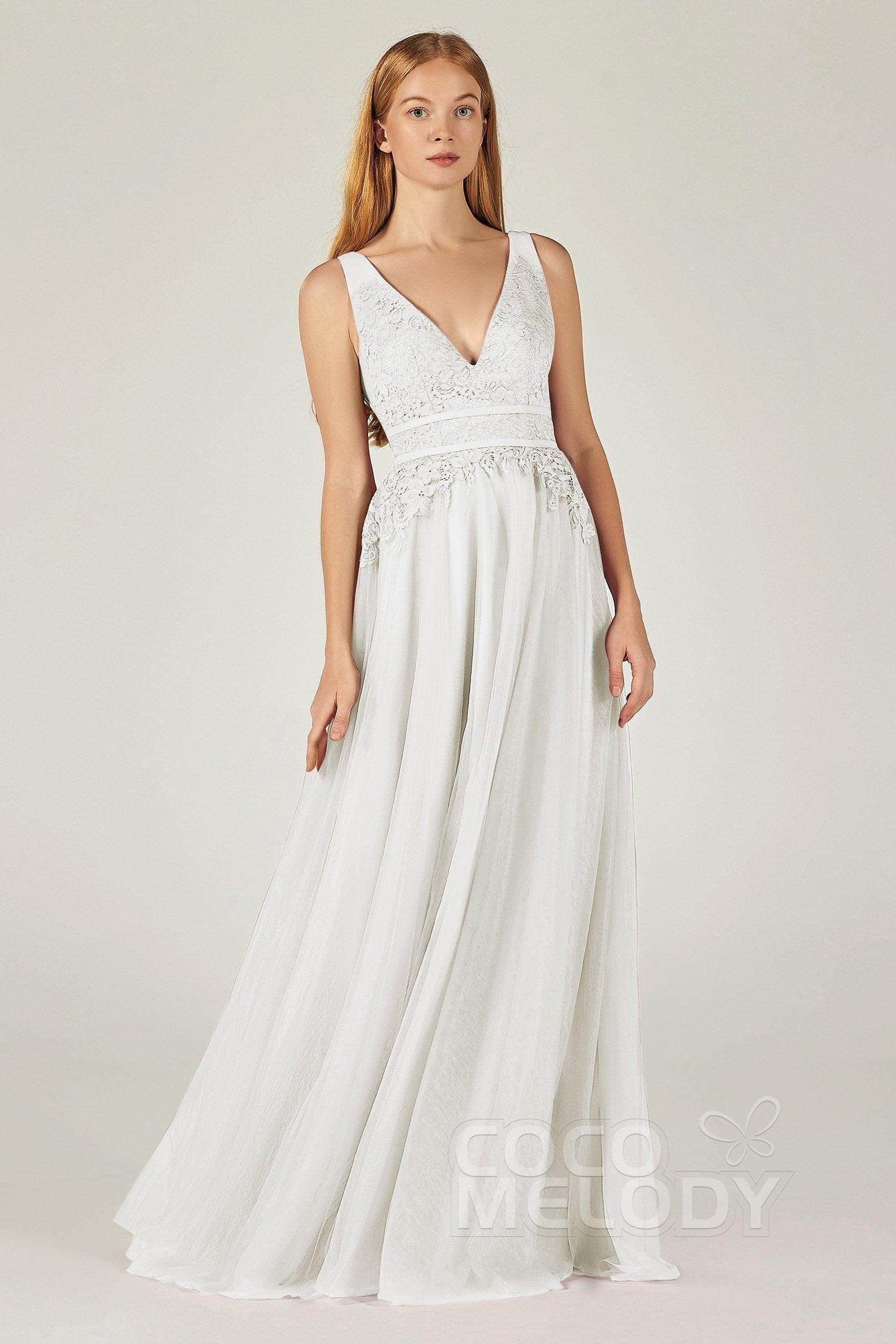 A-Line Floor Length Tulle Lace Bridesmaid Dress CB0379 - COCOMELODY