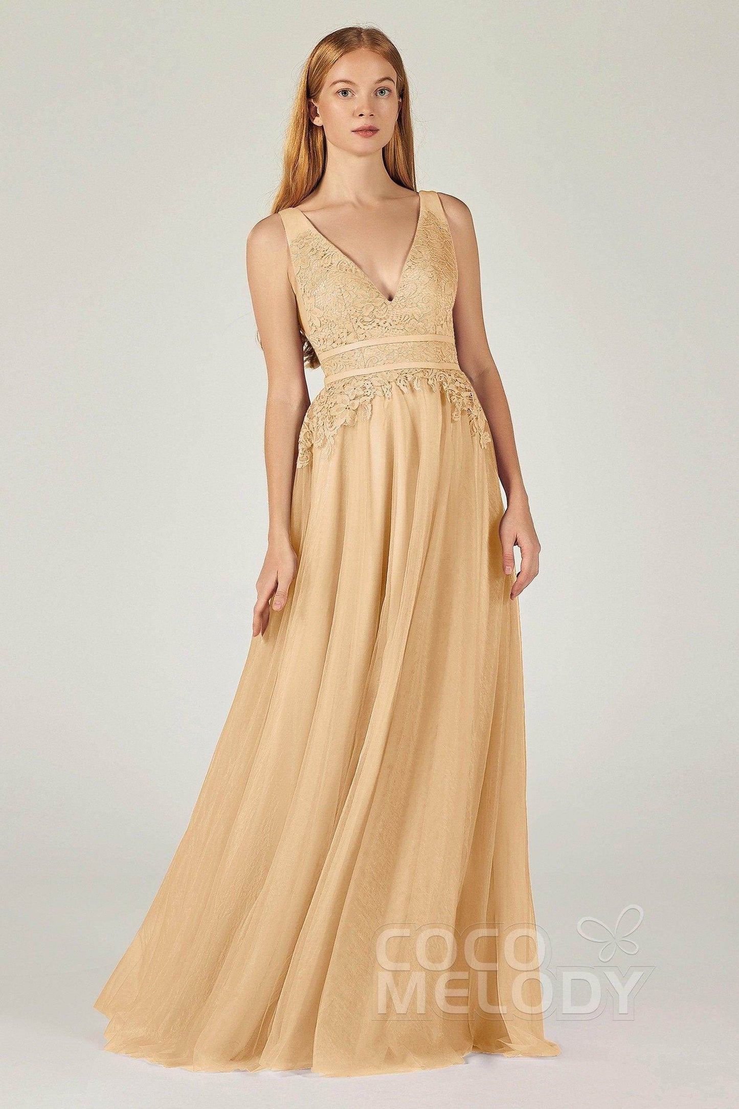 A-Line Floor Length Tulle Lace Bridesmaid Dress CB0379 - COCOMELODY