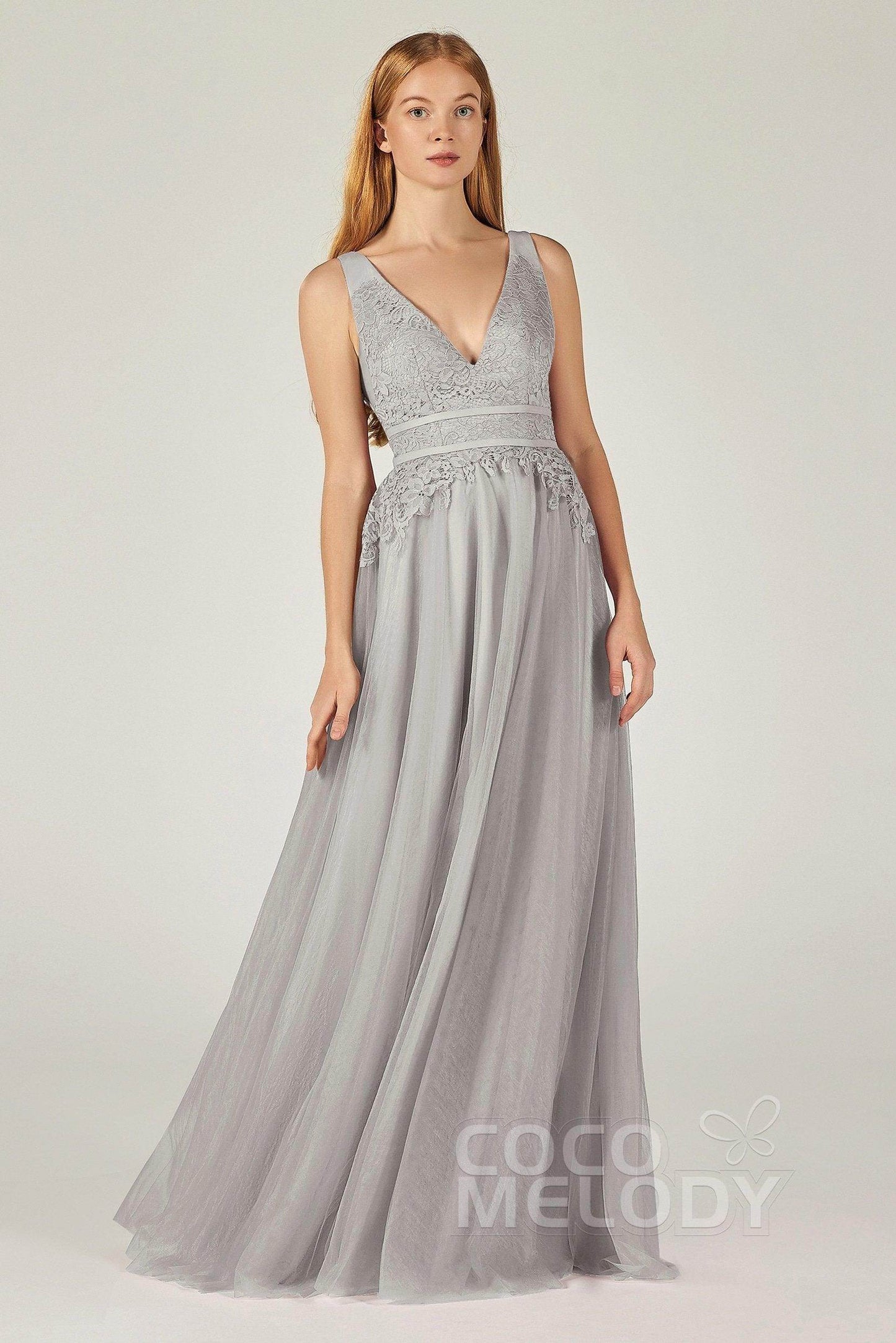 A-Line Floor Length Tulle Lace Bridesmaid Dress CB0379 - COCOMELODY