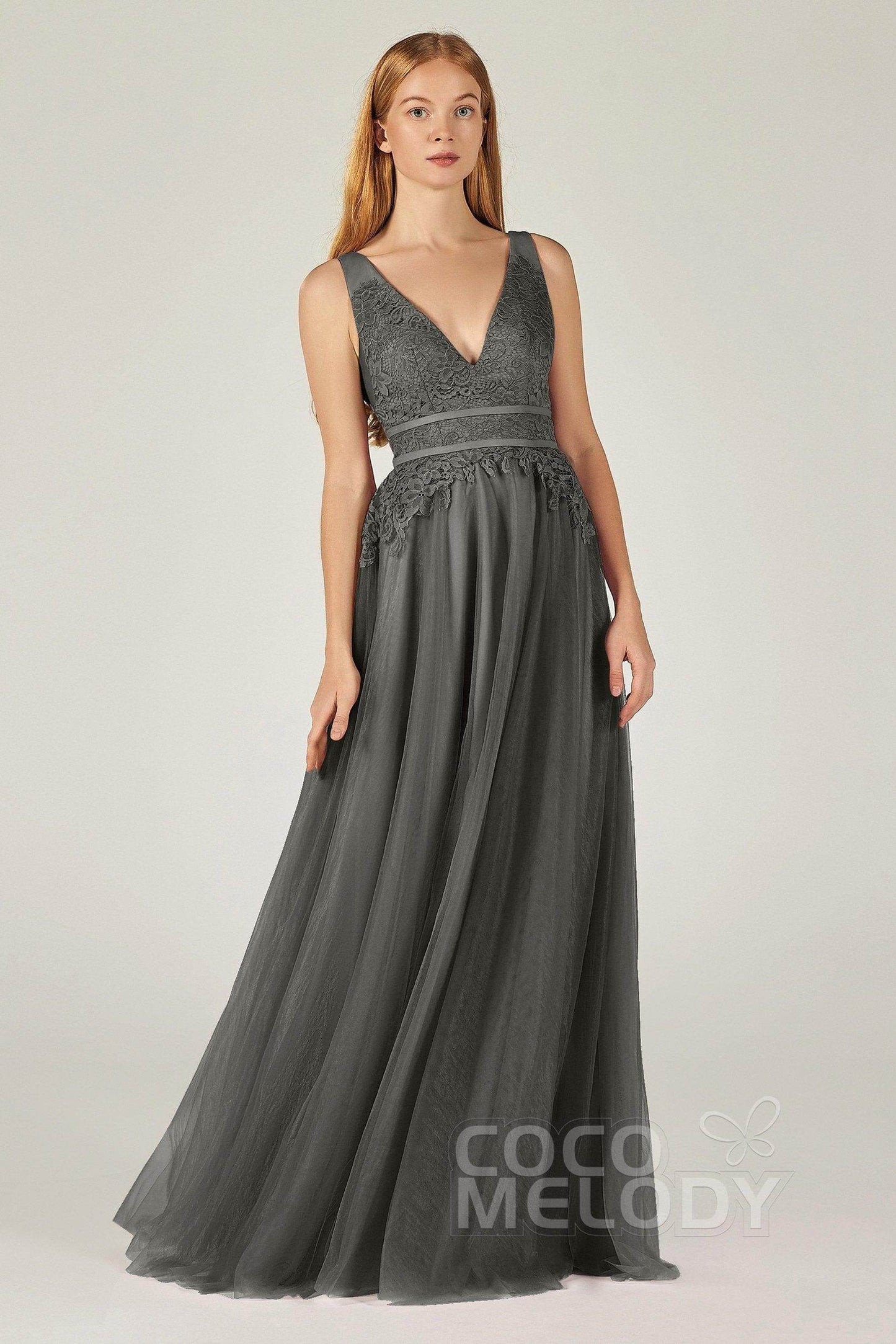 A-Line Floor Length Tulle Lace Bridesmaid Dress CB0379 - COCOMELODY
