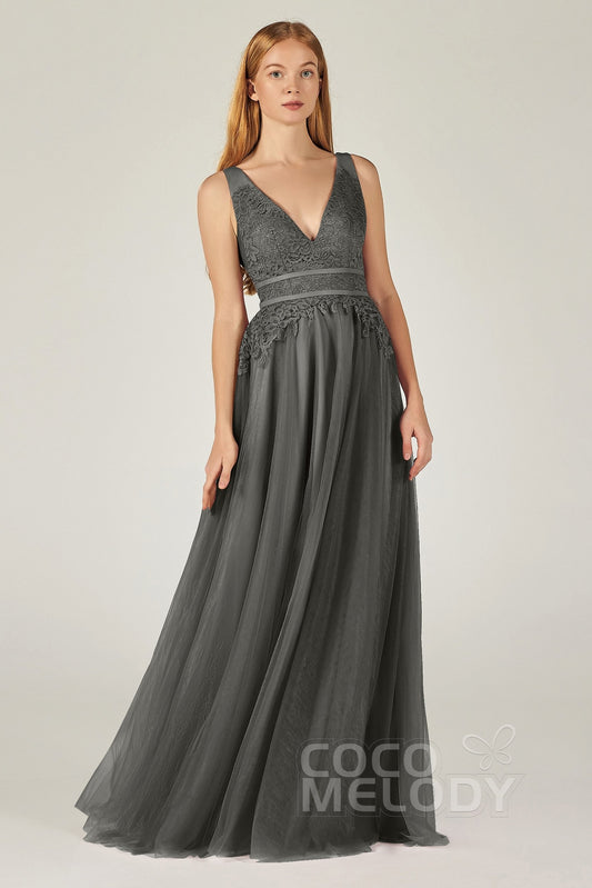 A-Line Floor Length Tulle/Lace Bridesmaid Dress CB0379