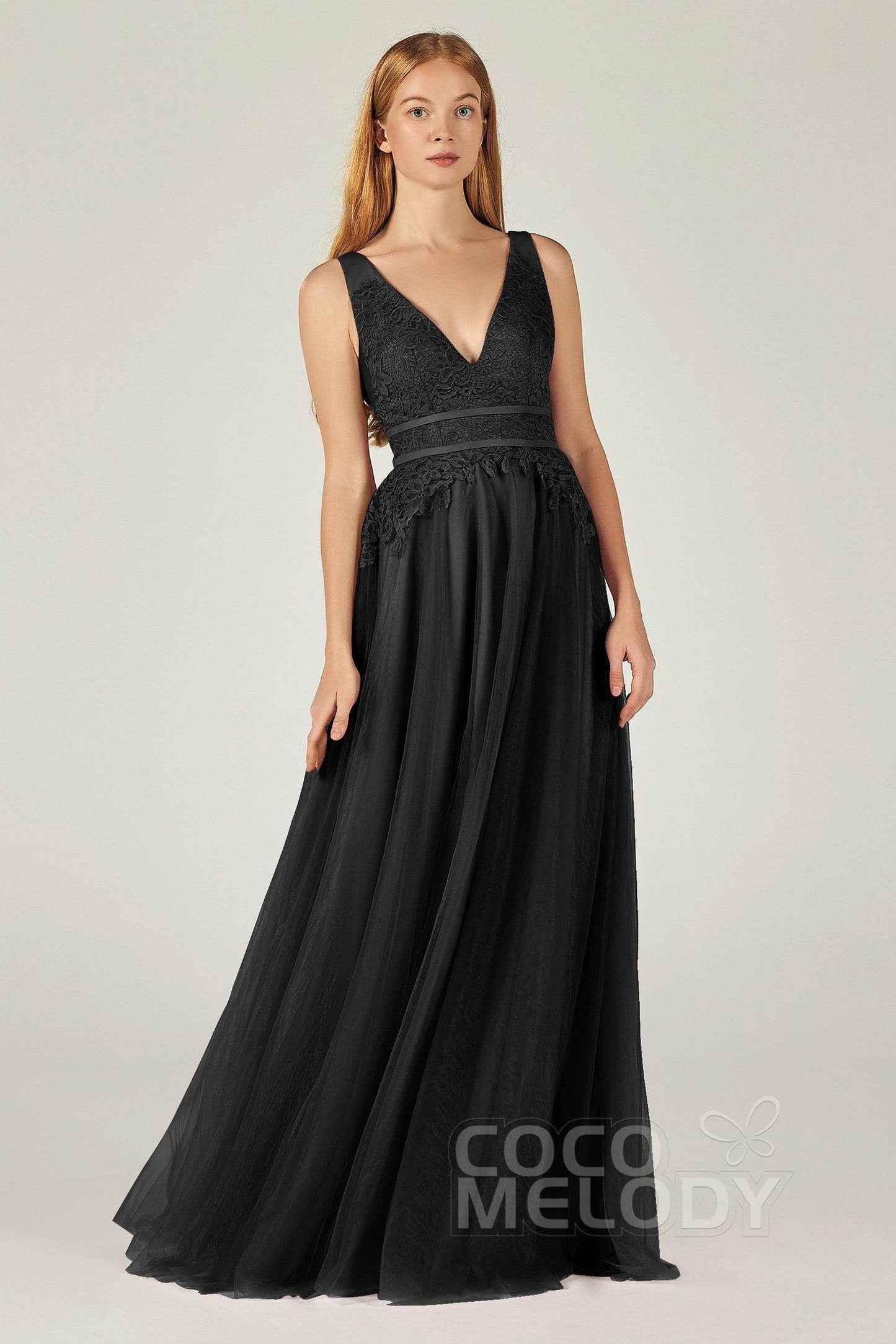 A-Line Floor Length Tulle Lace Bridesmaid Dress CB0379 - COCOMELODY