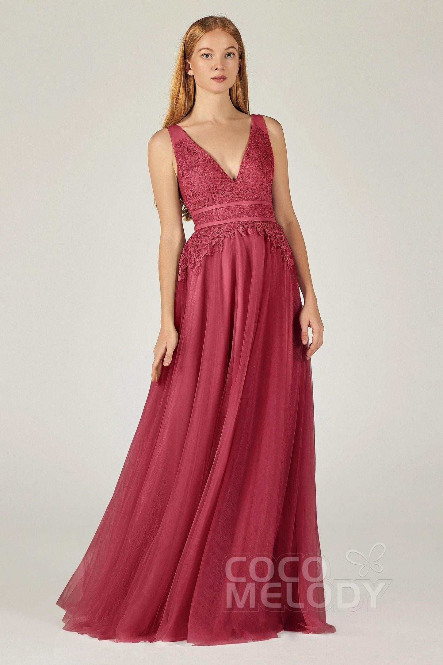 A-Line Floor Length Tulle Lace Bridesmaid Dress CB0379 - COCOMELODY