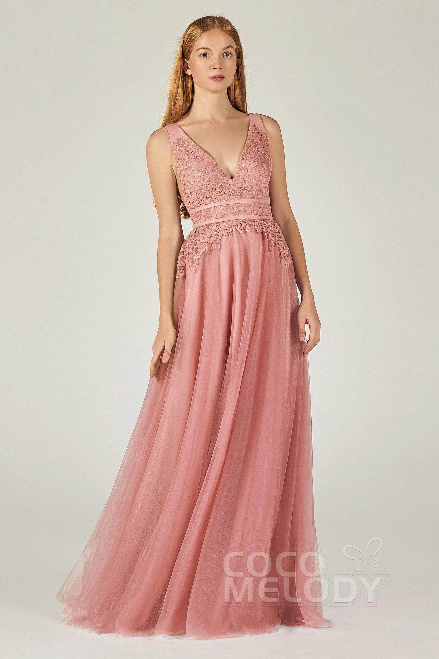 A-Line Floor Length Tulle Lace Bridesmaid Dress CB0379 - COCOMELODY