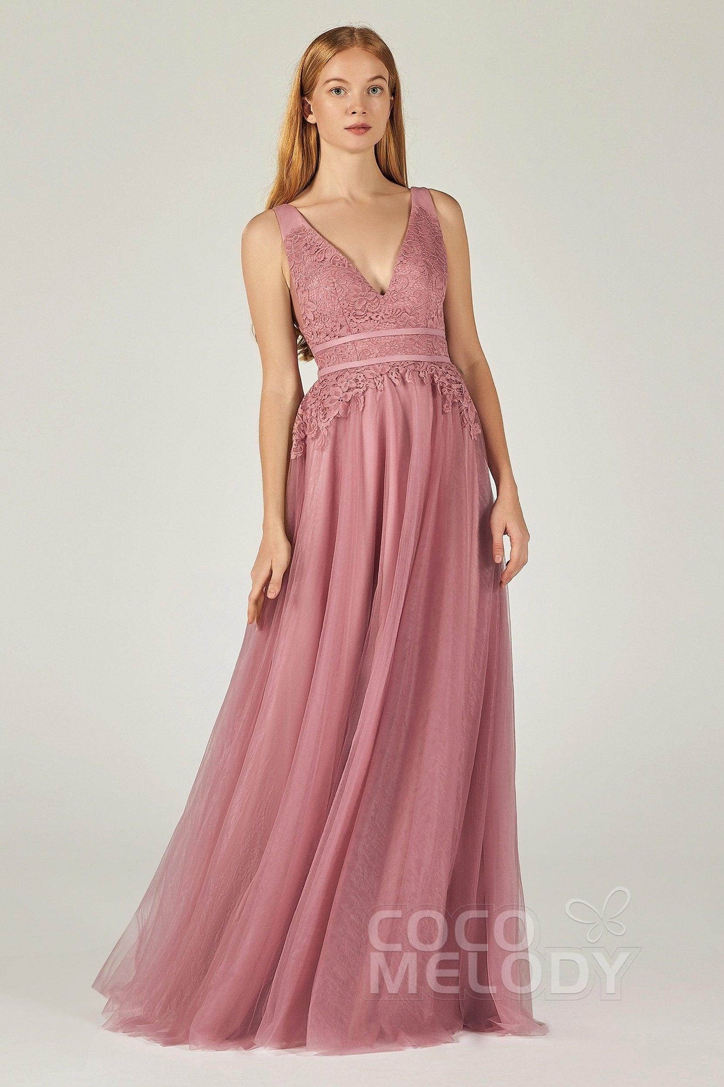 A-Line Floor Length Tulle Lace Bridesmaid Dress CB0379 - COCOMELODY
