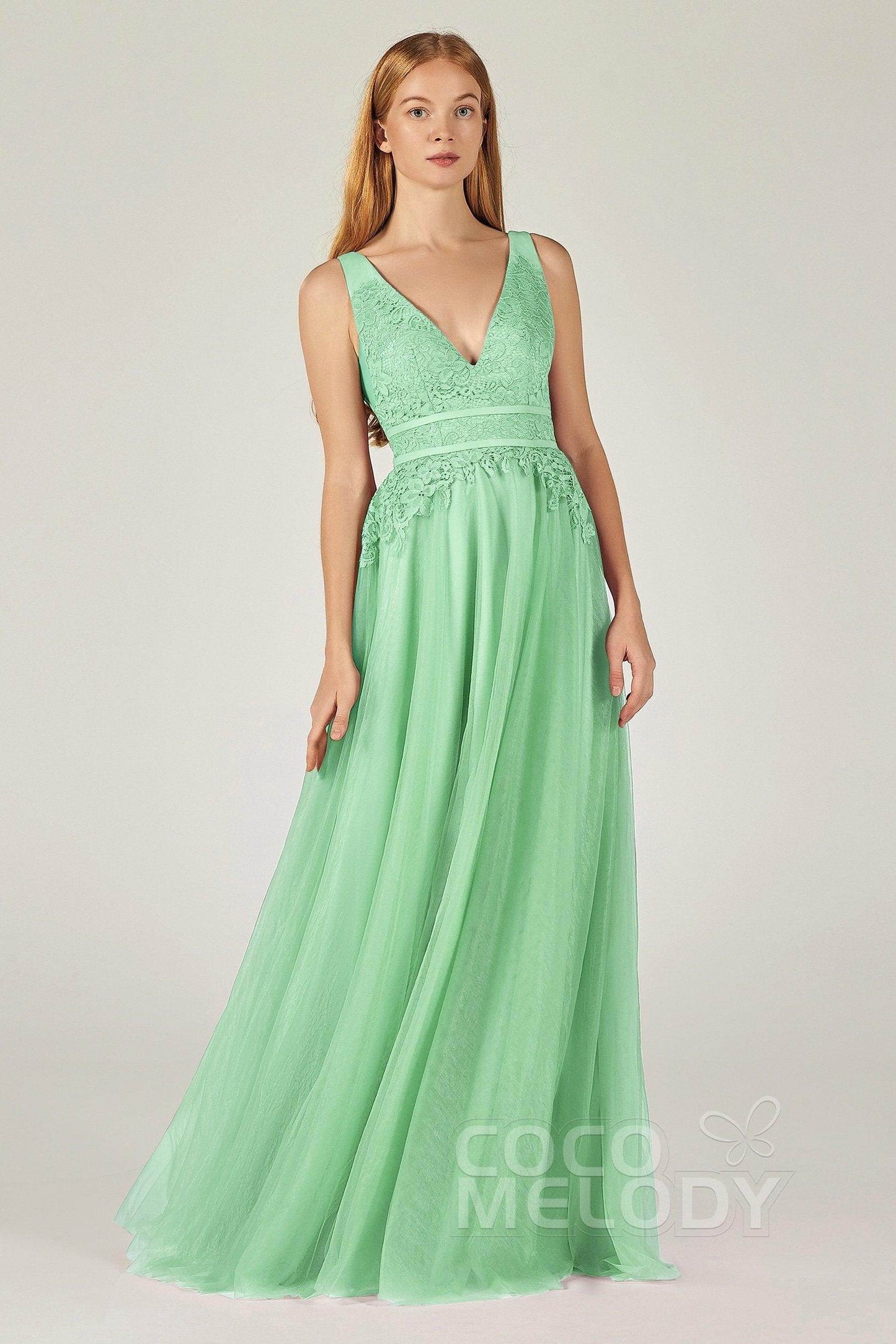 A-Line Floor Length Tulle Lace Bridesmaid Dress CB0379 - COCOMELODY
