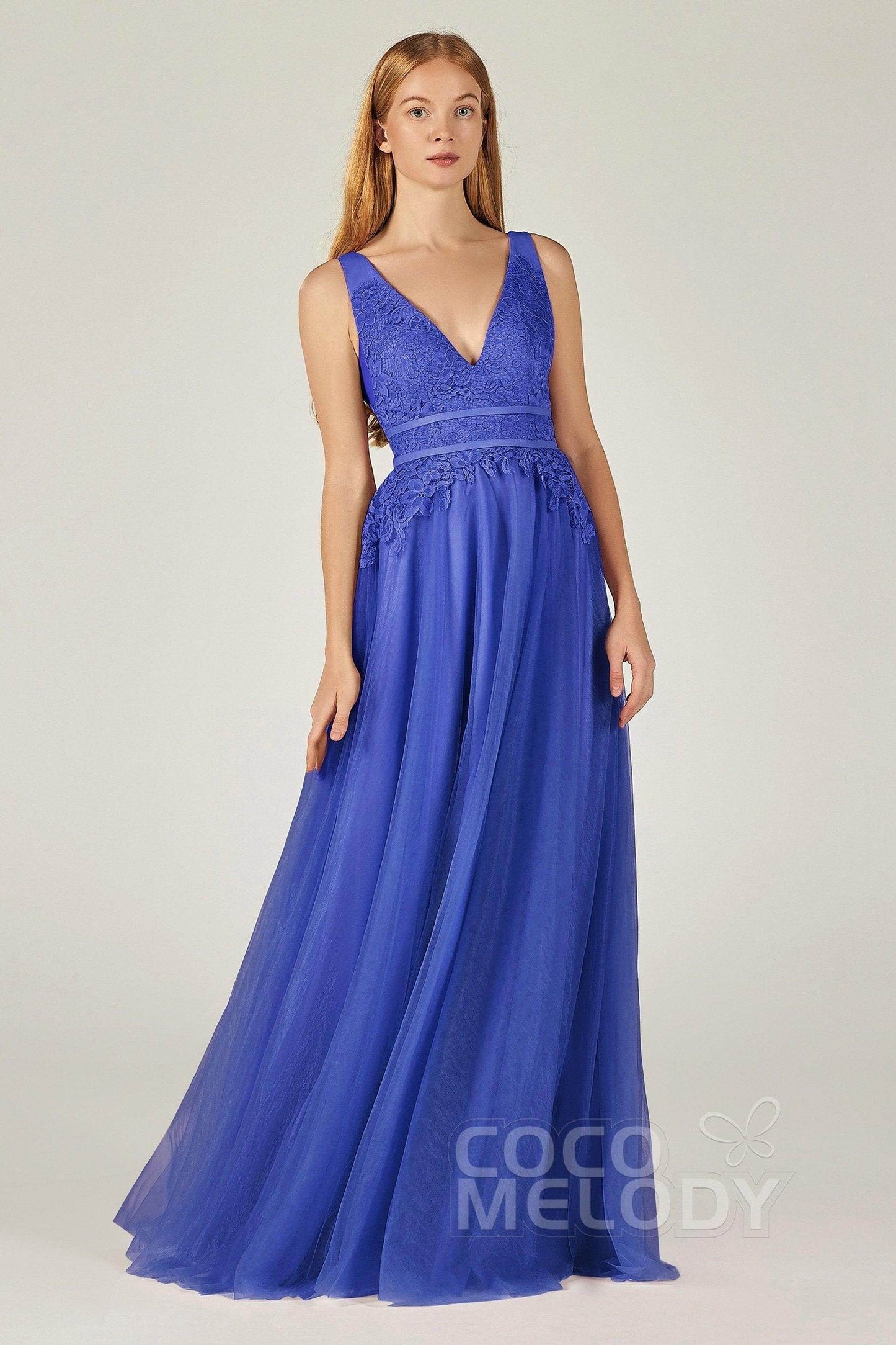 A-Line Floor Length Tulle Lace Bridesmaid Dress CB0379 - COCOMELODY