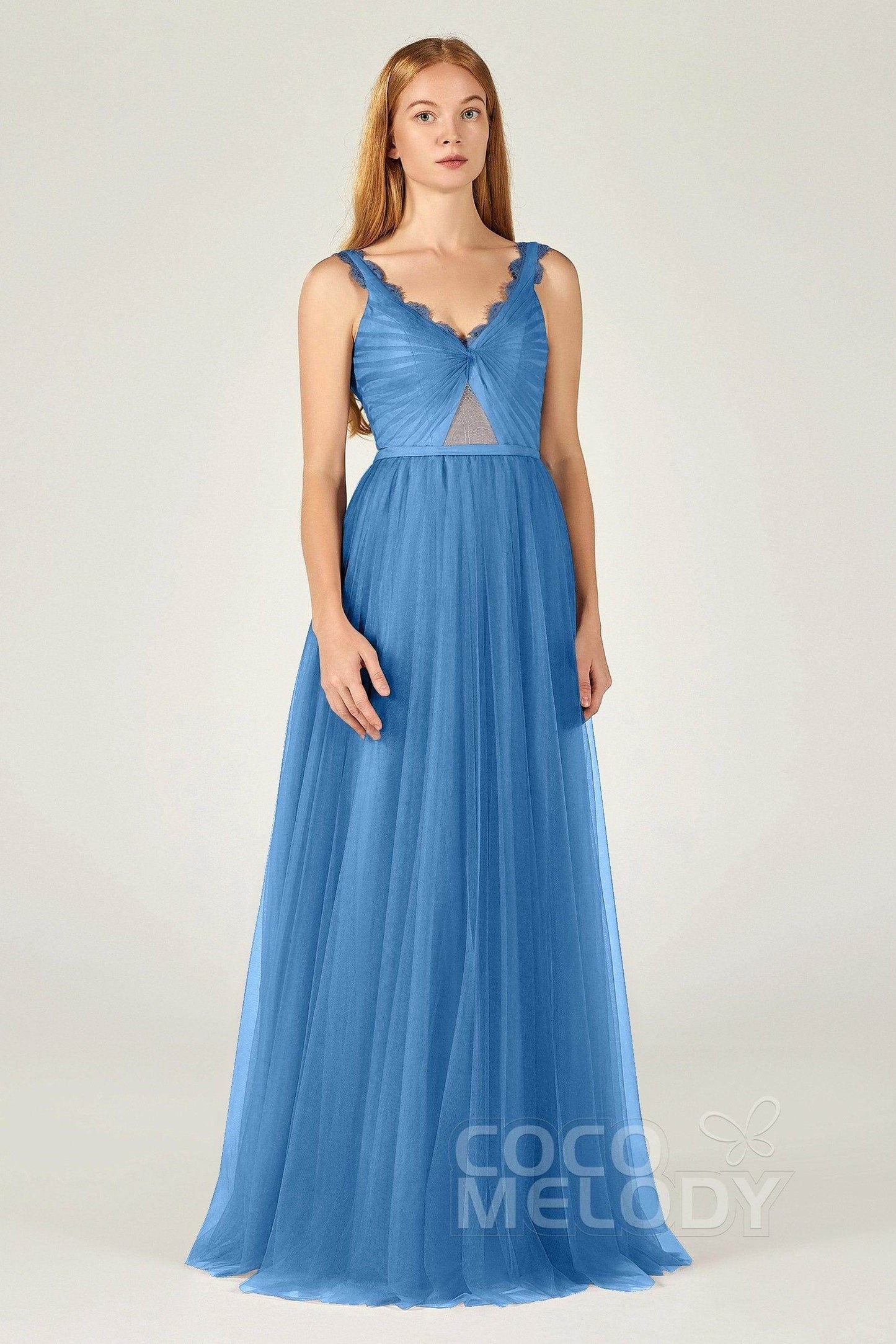 A-Line Floor Length Tulle Bridesmaid Dress CB0380 - COCOMELODY