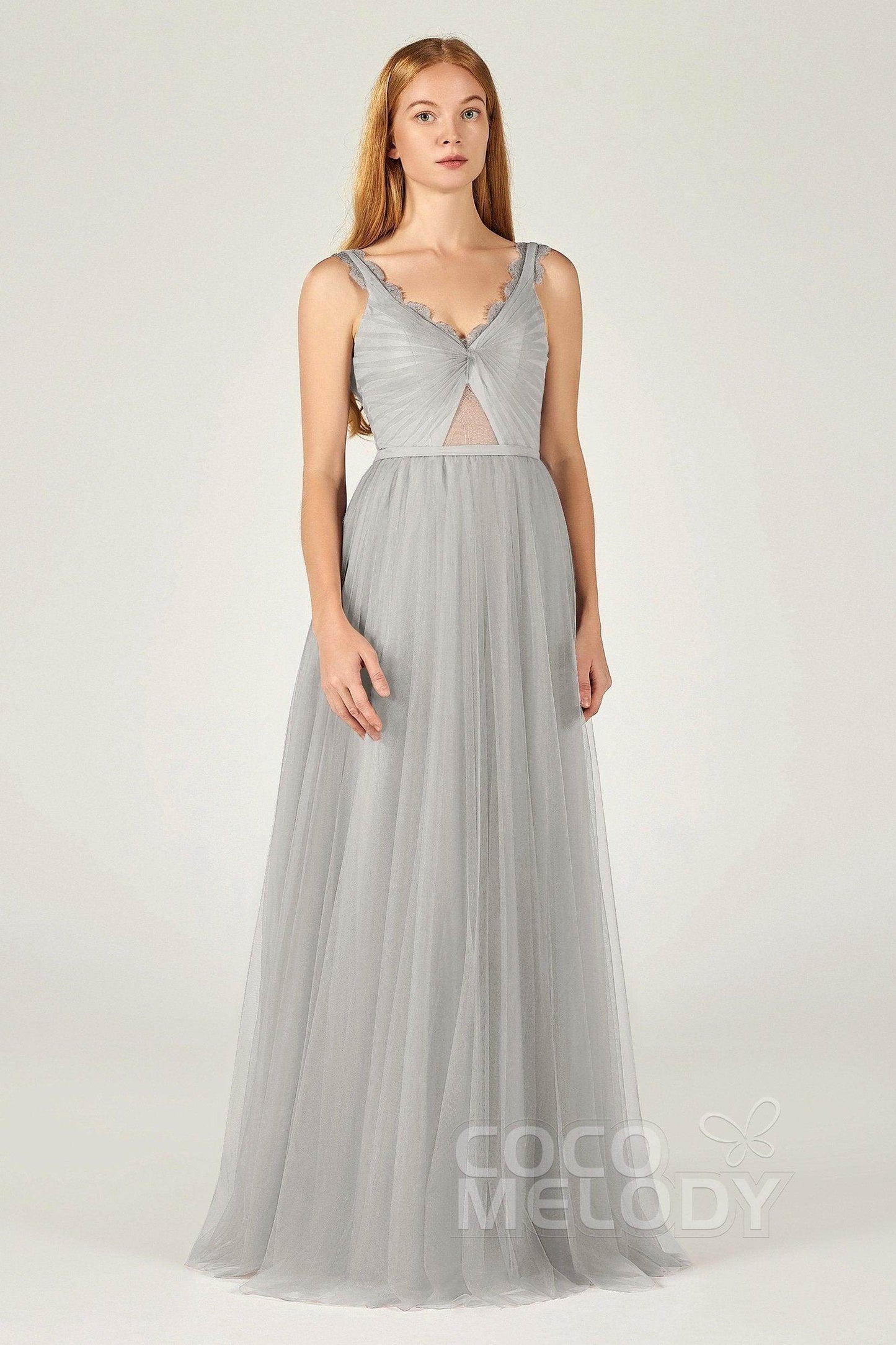 A-Line Floor Length Tulle Bridesmaid Dress CB0380 - COCOMELODY