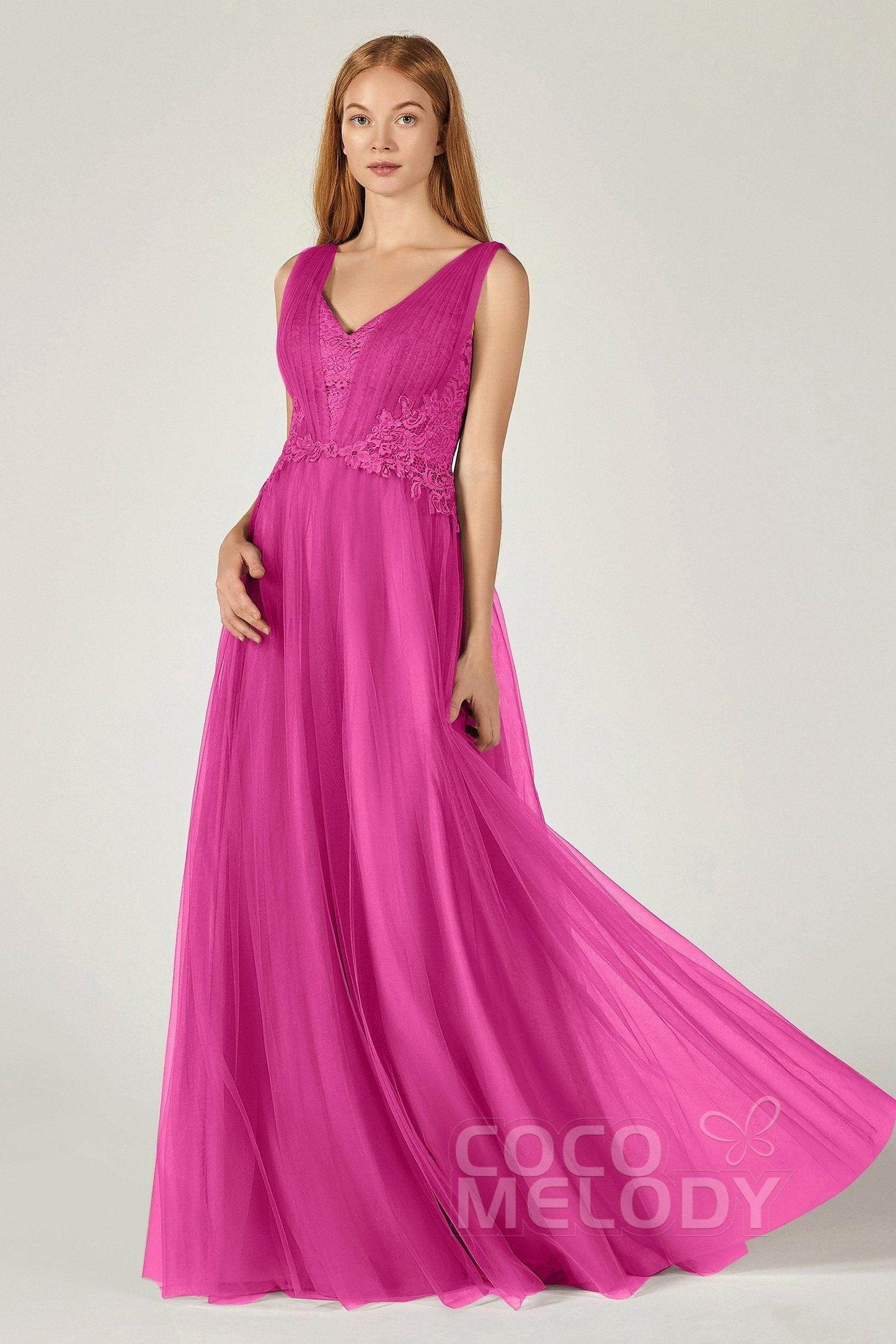 A-Line Floor Length Tulle/Lace Bridesmaid Dress CB0381 - COCOMELODY