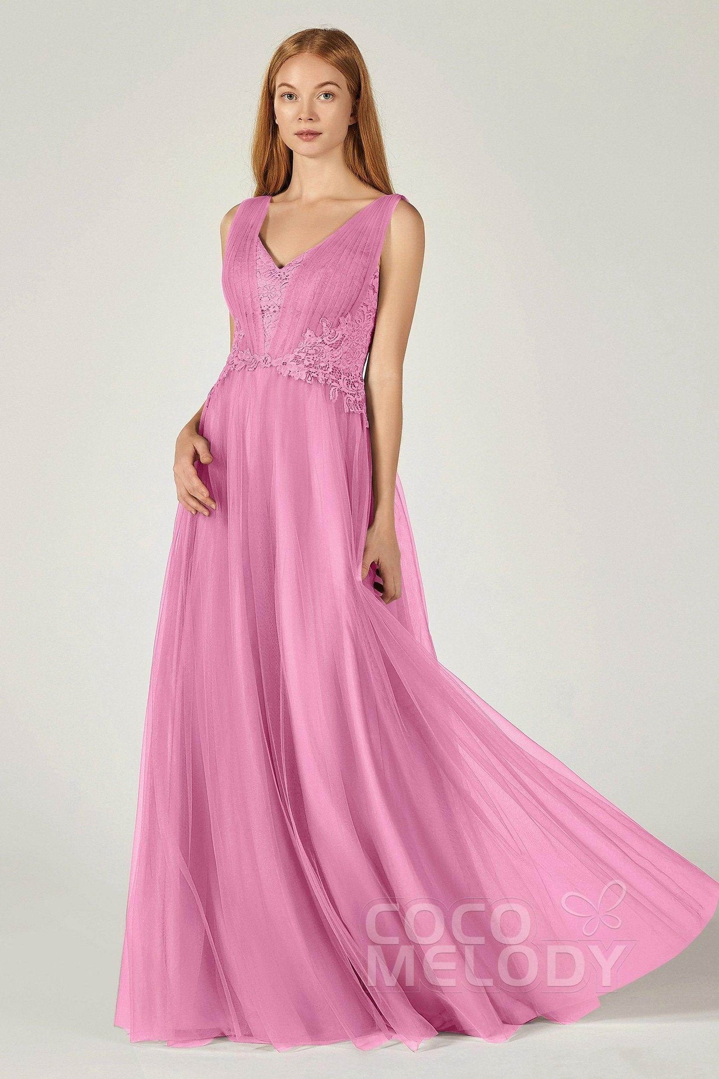 A-Line Floor Length Tulle/Lace Bridesmaid Dress CB0381 - COCOMELODY