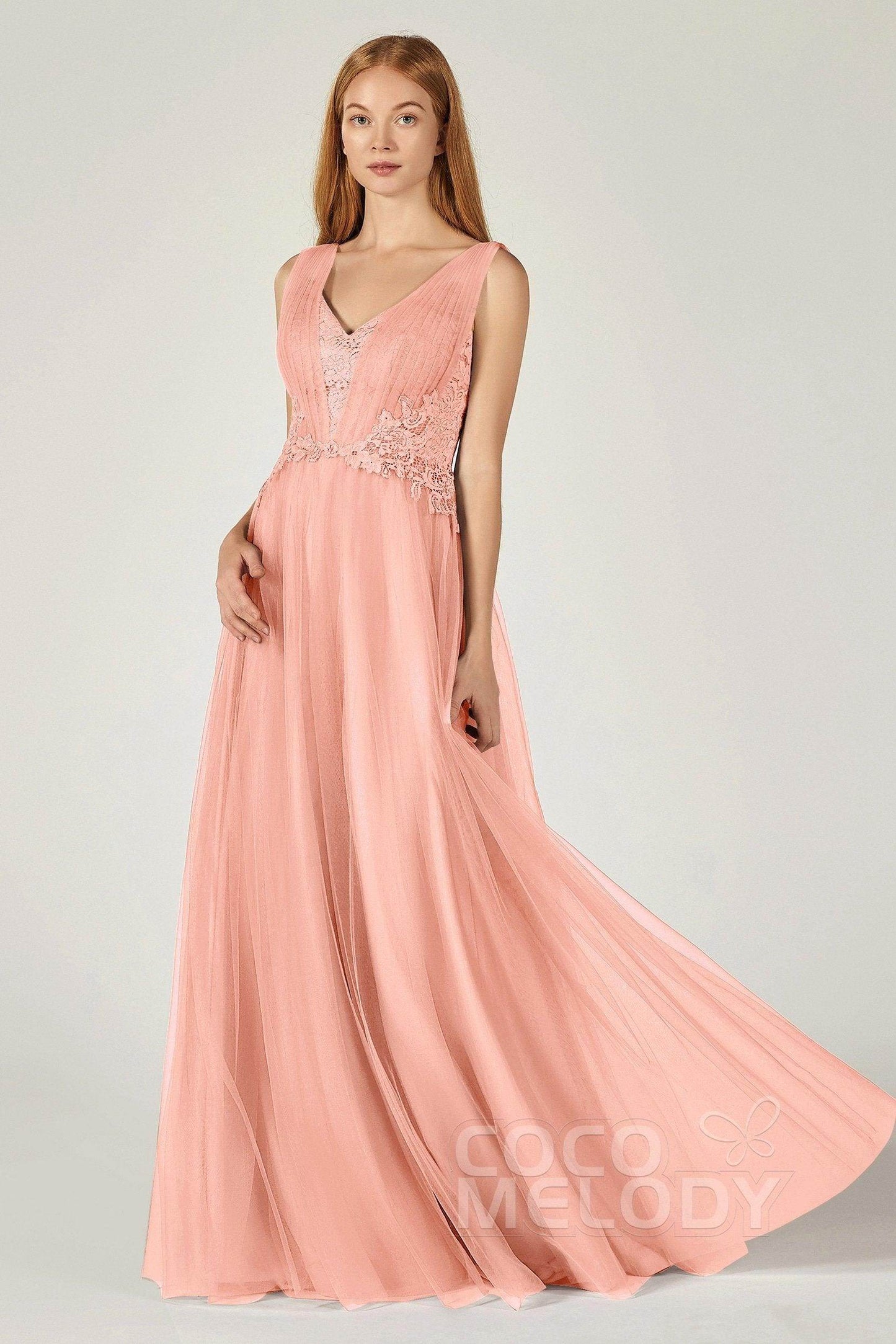 A-Line Floor Length Tulle/Lace Bridesmaid Dress CB0381 - COCOMELODY