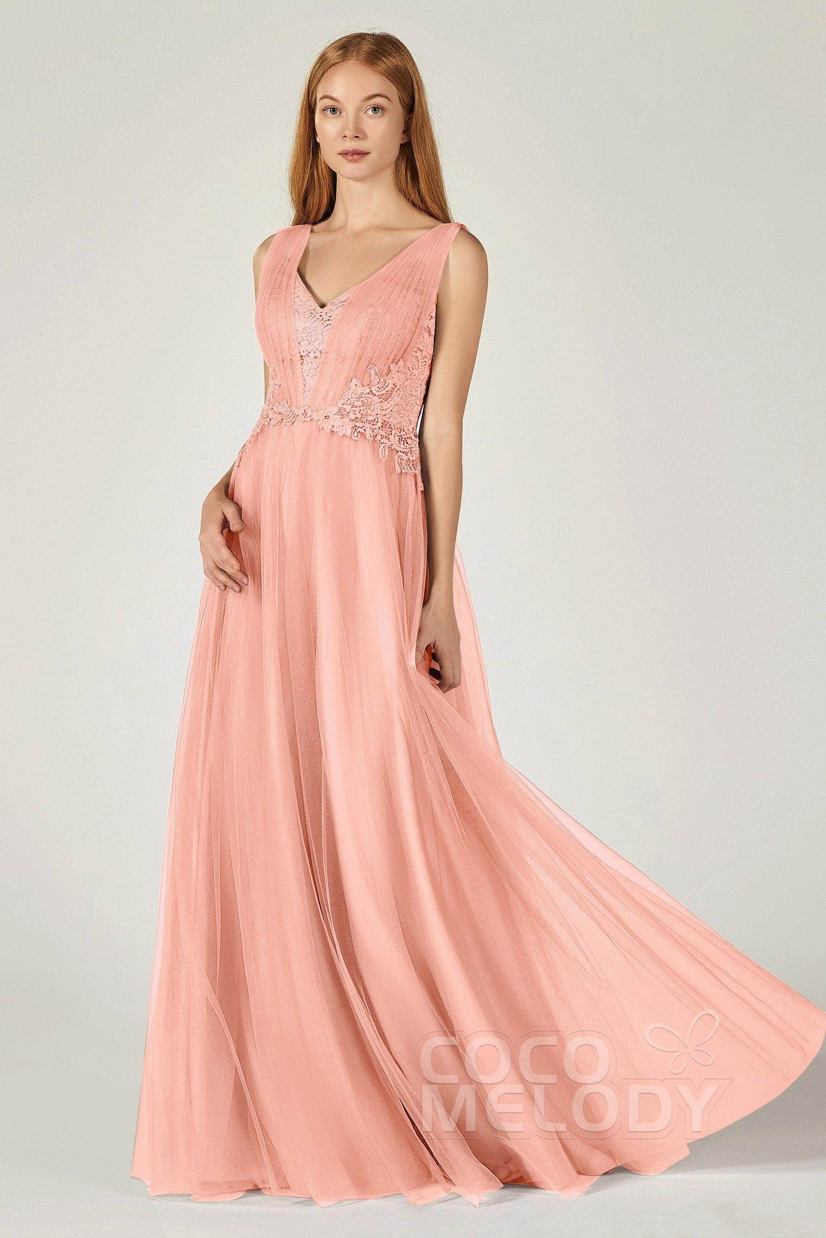 A-Line Floor Length Tulle/Lace Bridesmaid Dress CB0381 - COCOMELODY