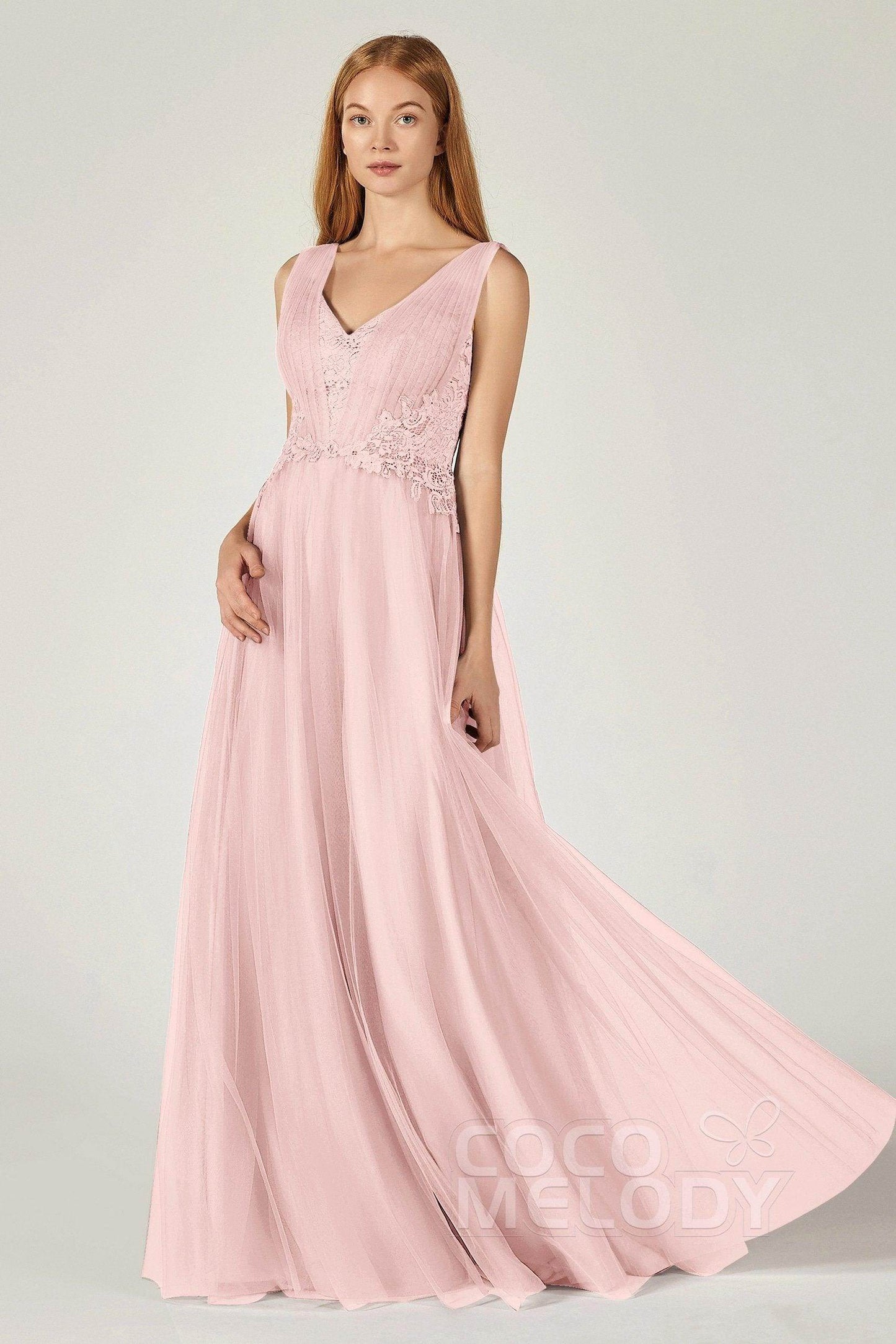 A-Line Floor Length Tulle/Lace Bridesmaid Dress CB0381 - COCOMELODY
