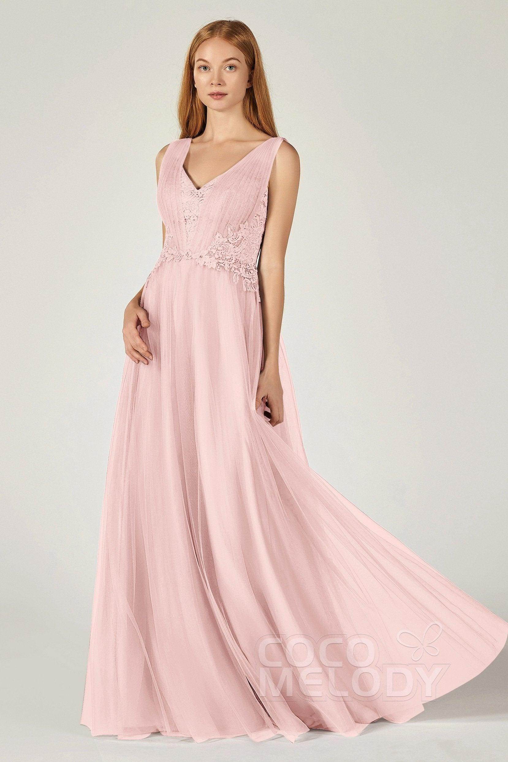 A-Line Floor Length Tulle/Lace Bridesmaid Dress CB0381 - COCOMELODY