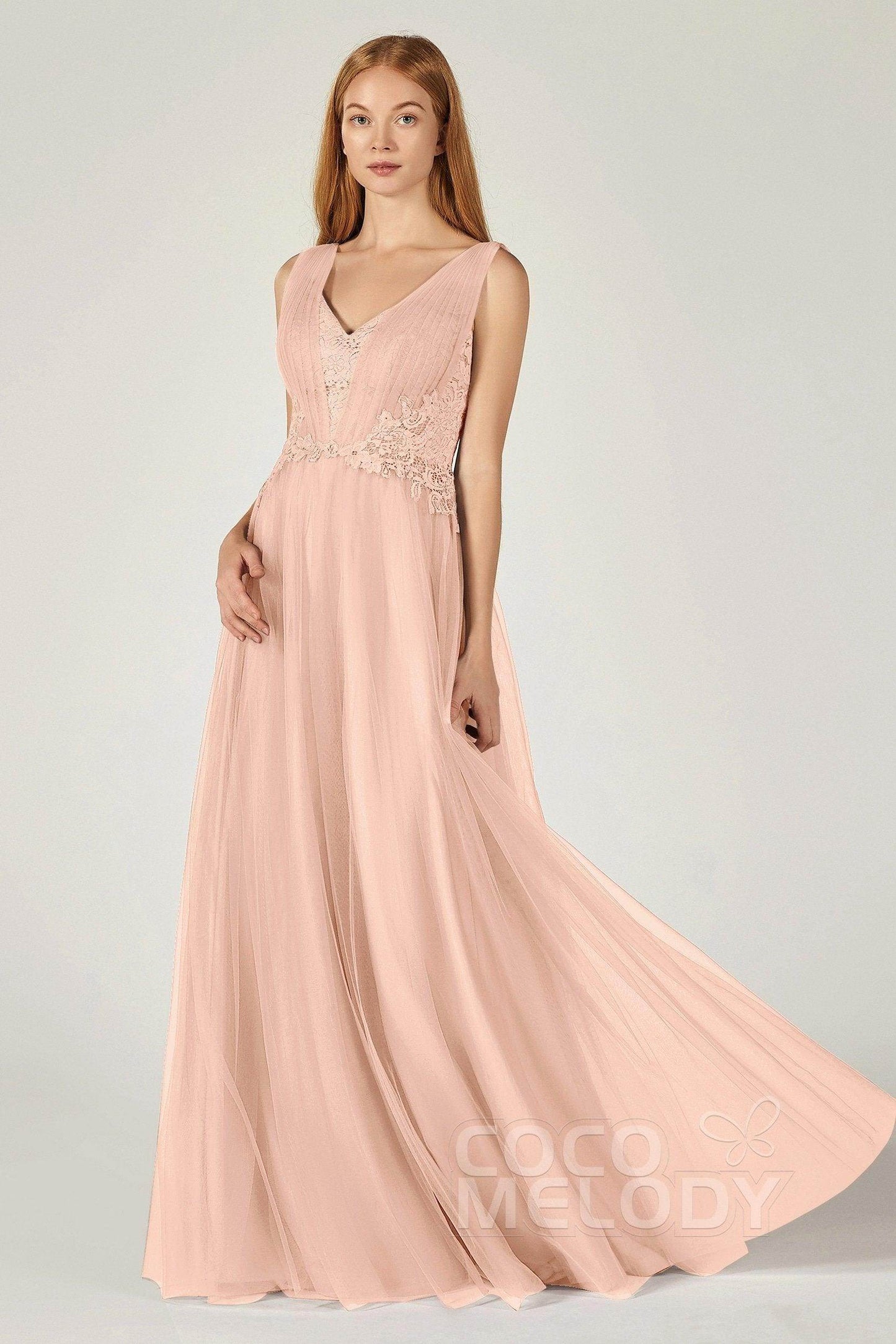 A-Line Floor Length Tulle/Lace Bridesmaid Dress CB0381 - COCOMELODY