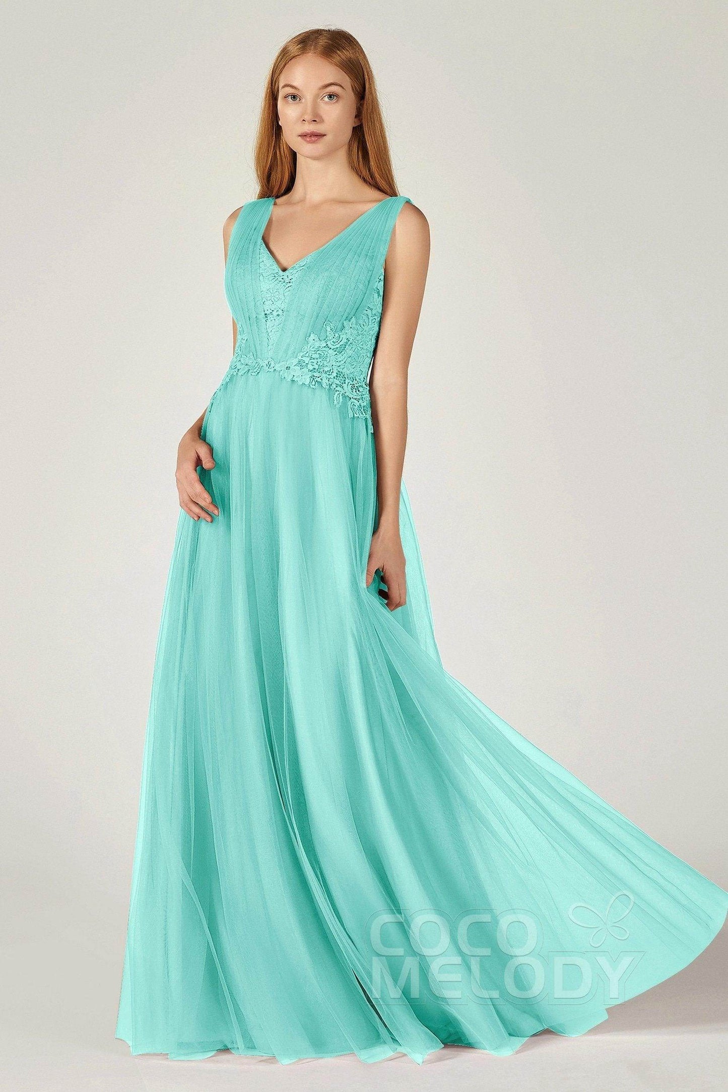 A-Line Floor Length Tulle/Lace Bridesmaid Dress CB0381 - COCOMELODY