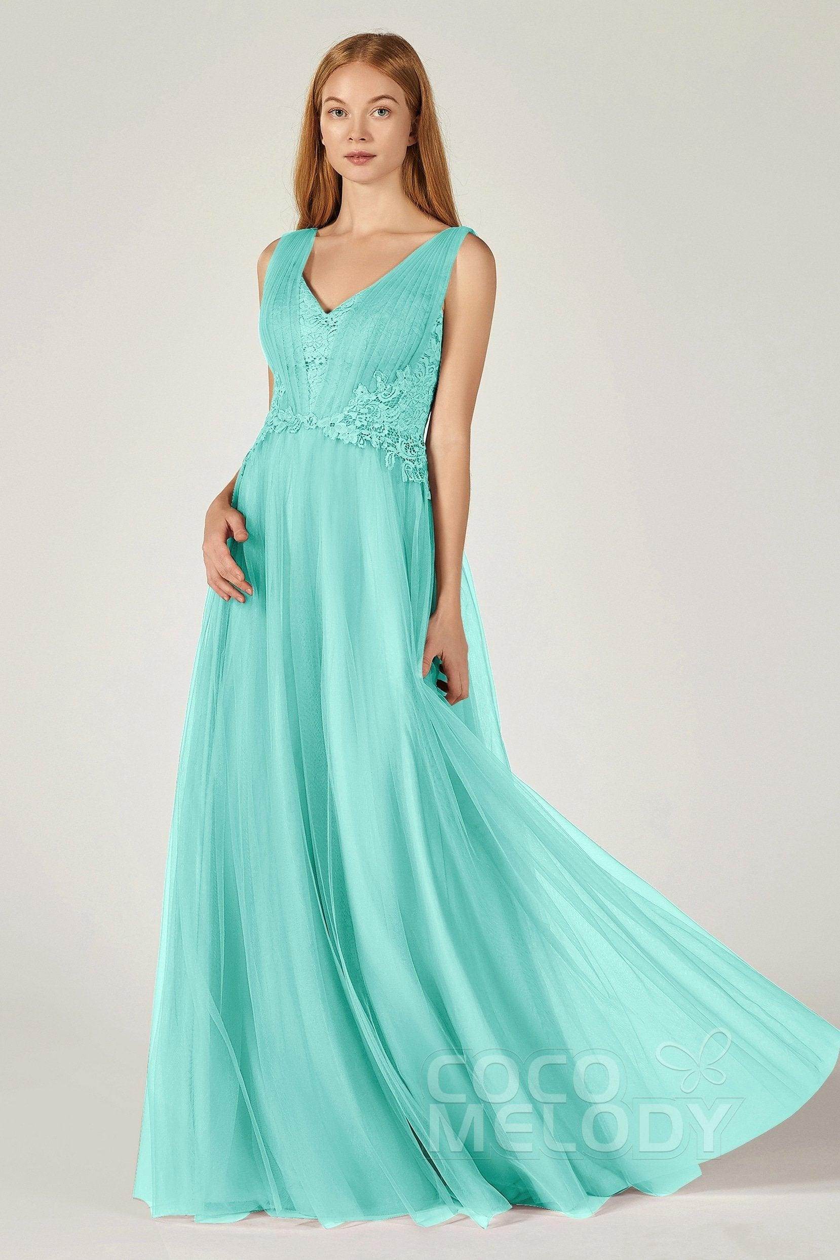 A-Line Floor Length Tulle/Lace Bridesmaid Dress CB0381 - COCOMELODY