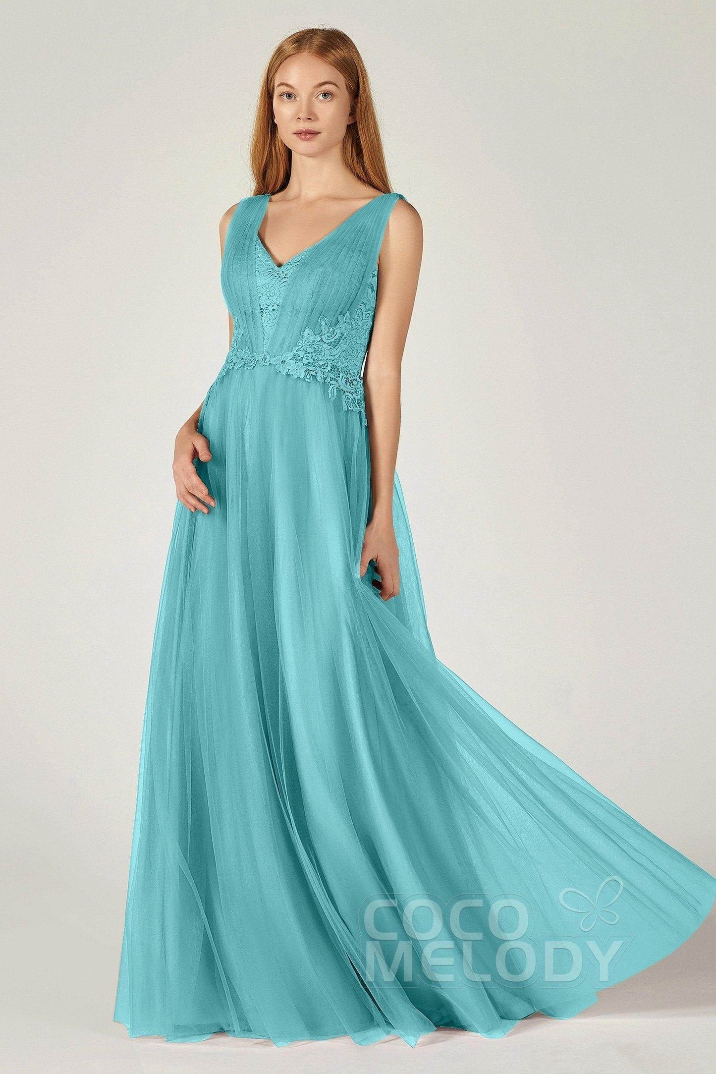 A-Line Floor Length Tulle/Lace Bridesmaid Dress CB0381 - COCOMELODY
