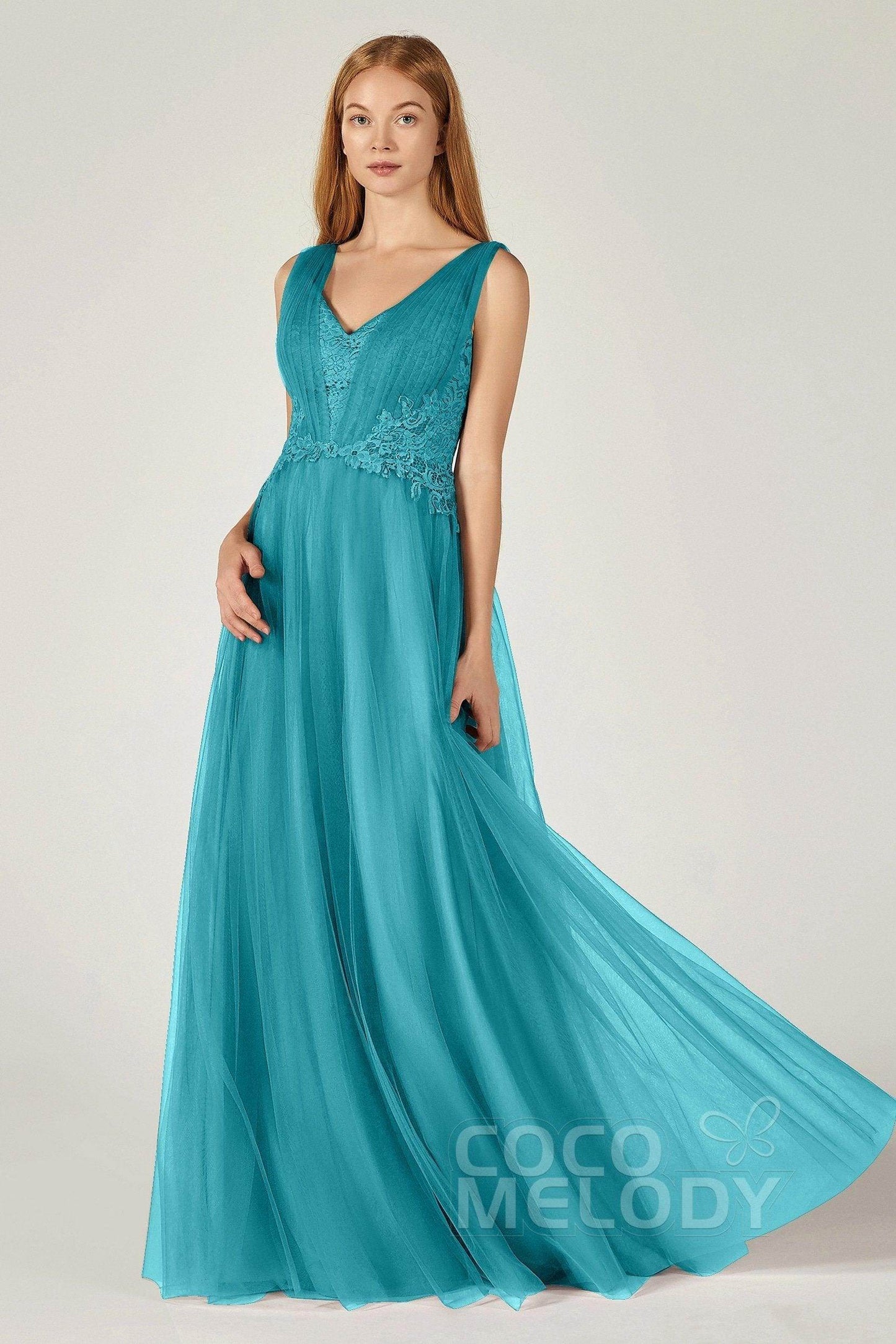 A-Line Floor Length Tulle/Lace Bridesmaid Dress CB0381 - COCOMELODY
