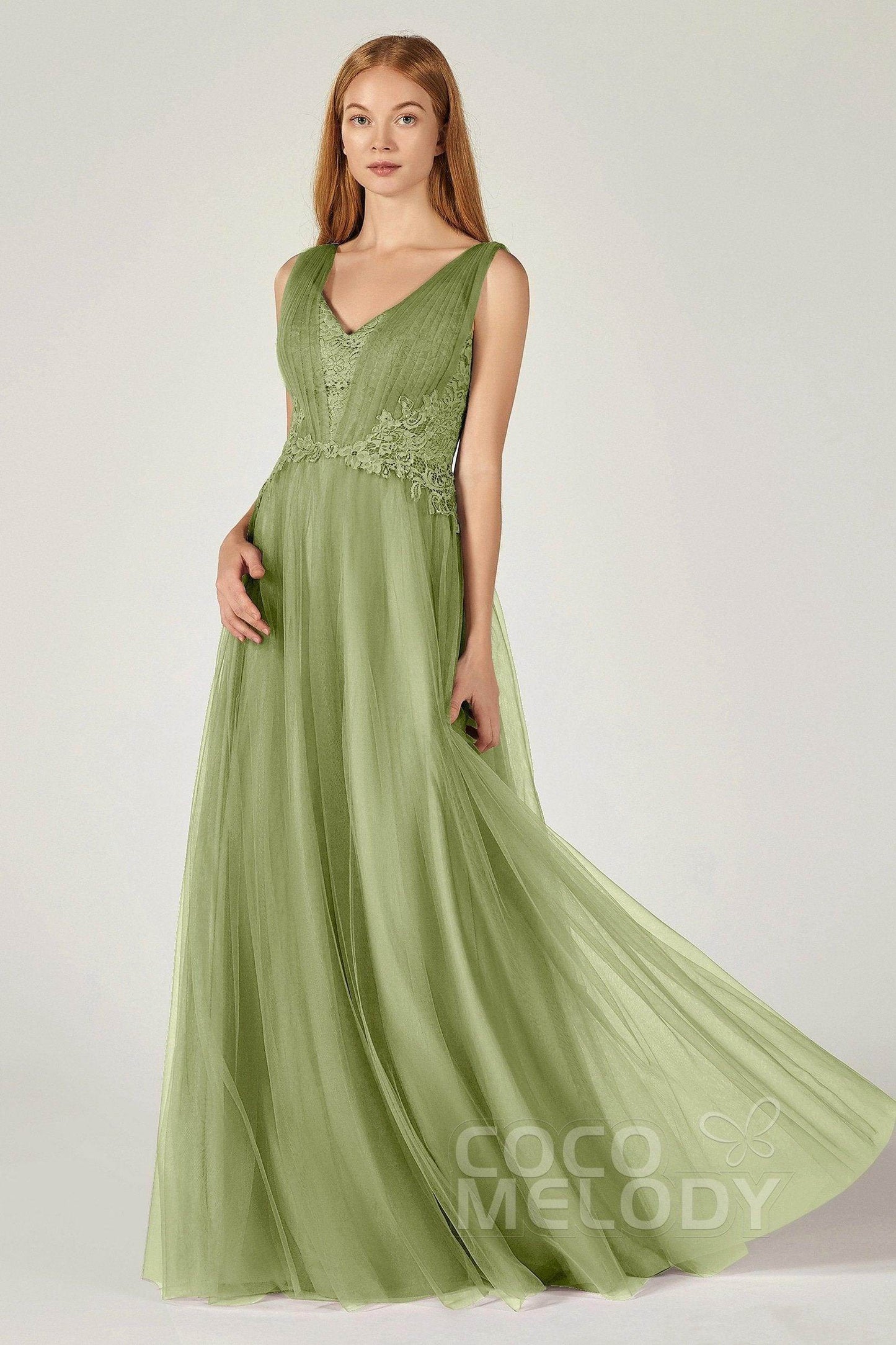 A-Line Floor Length Tulle/Lace Bridesmaid Dress CB0381 - COCOMELODY