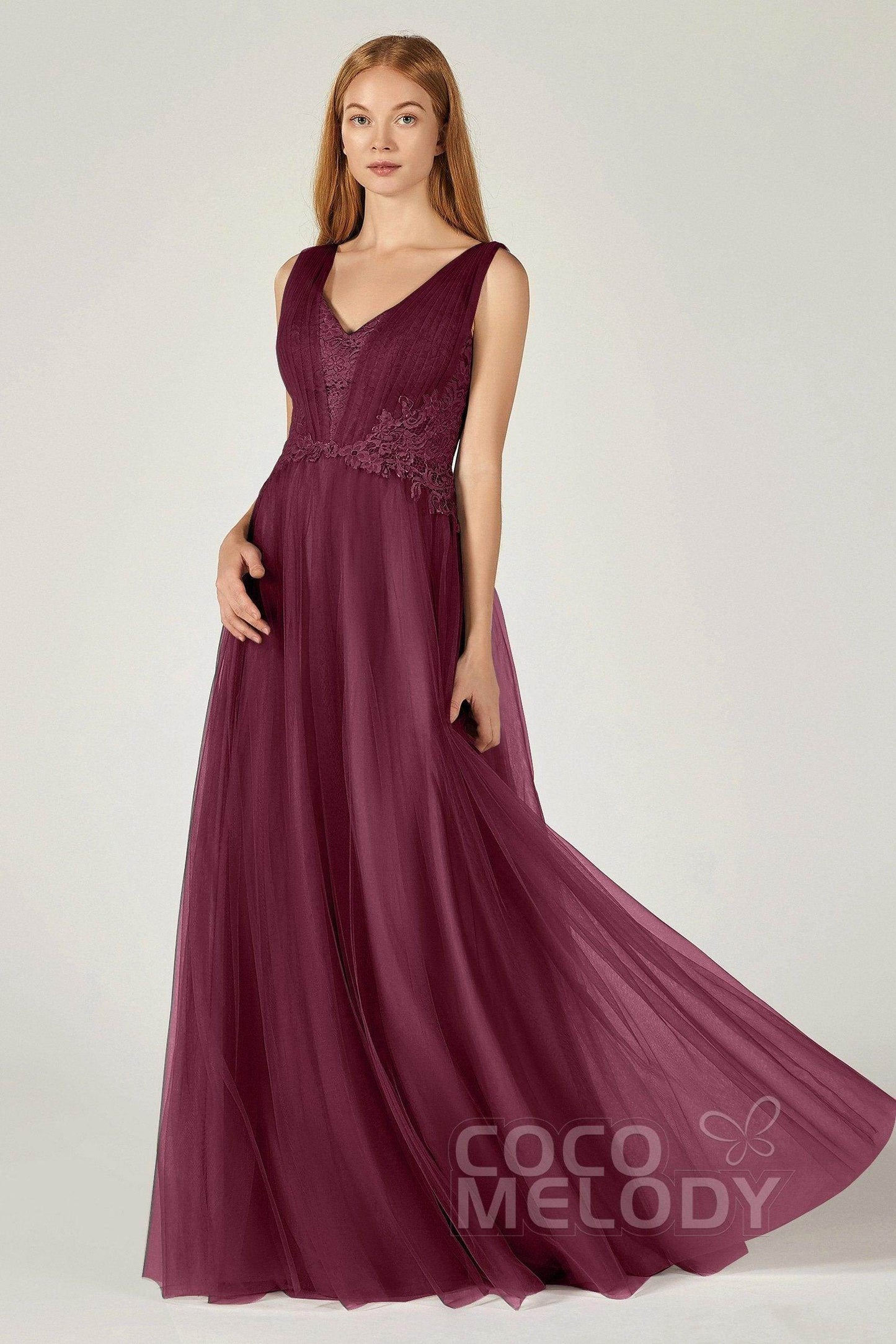 A-Line Floor Length Tulle/Lace Bridesmaid Dress CB0381 - COCOMELODY