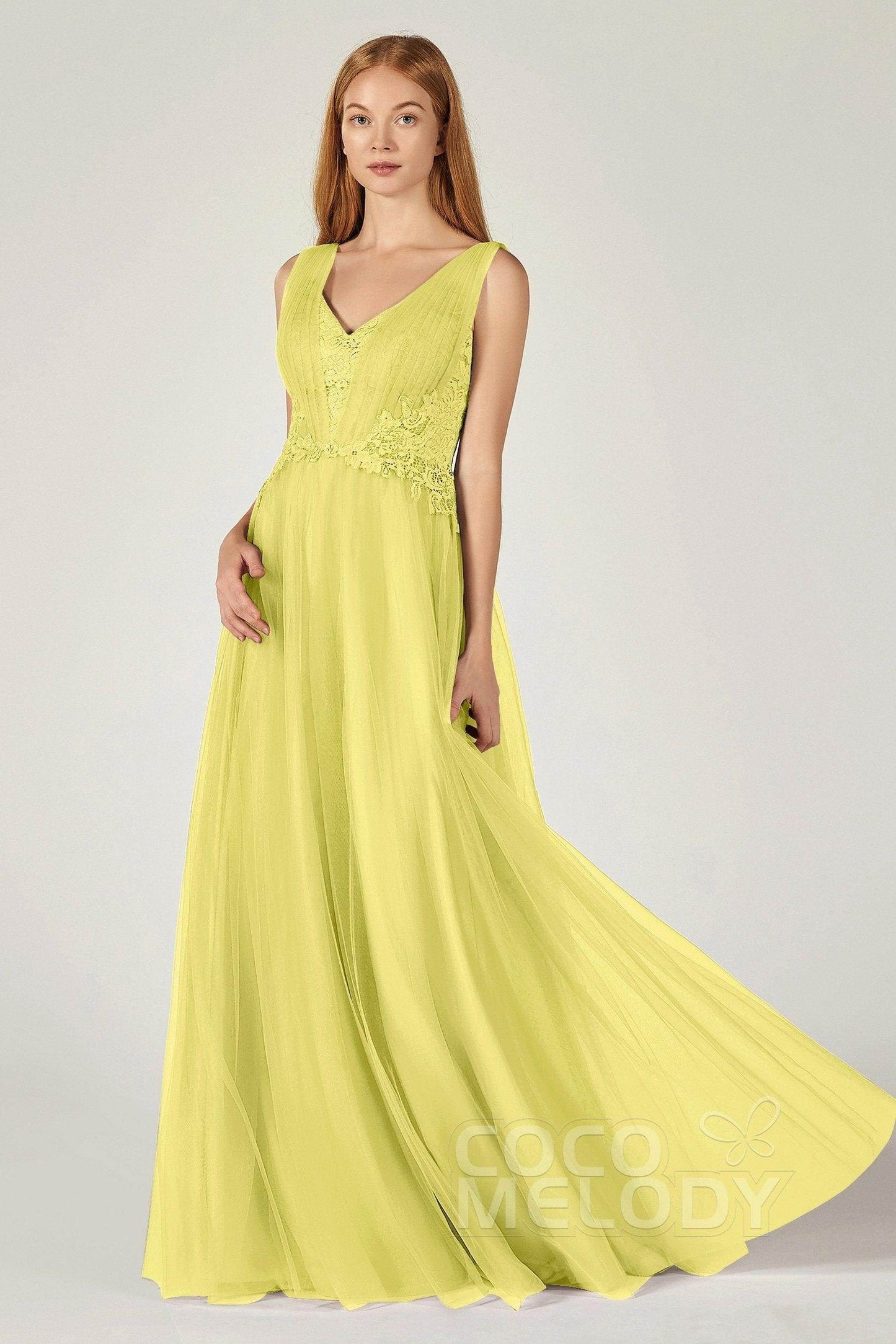 A-Line Floor Length Tulle/Lace Bridesmaid Dress CB0381 - COCOMELODY