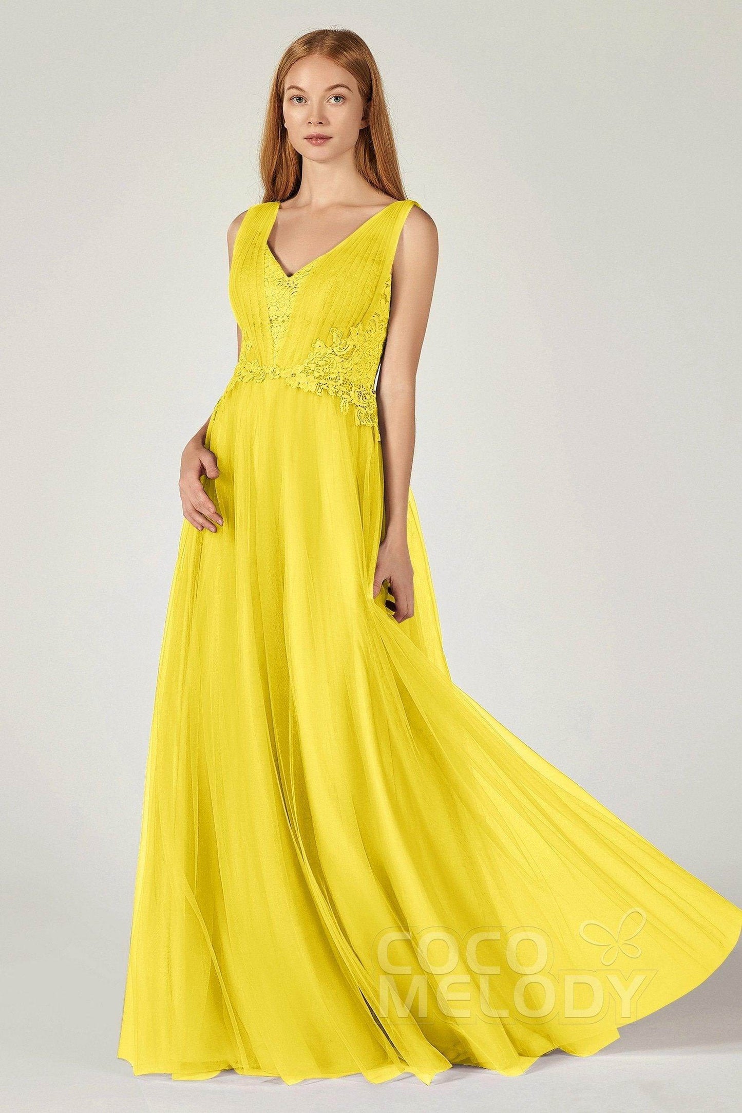 A-Line Floor Length Tulle/Lace Bridesmaid Dress CB0381 - COCOMELODY